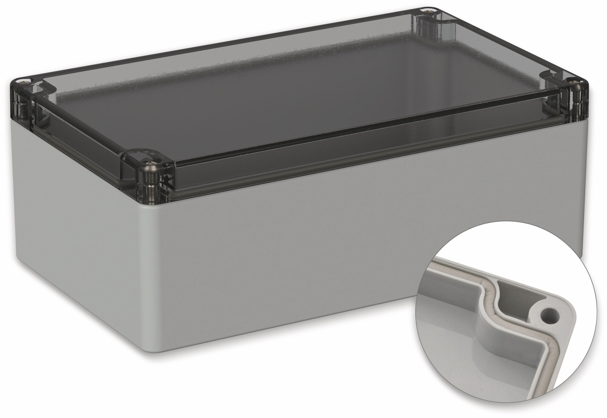 POLLIN, Polycarbonat Gehäuse, 200 x 120 x 75 mm, IP66, Lichtgrau, Glasklarer Deckel