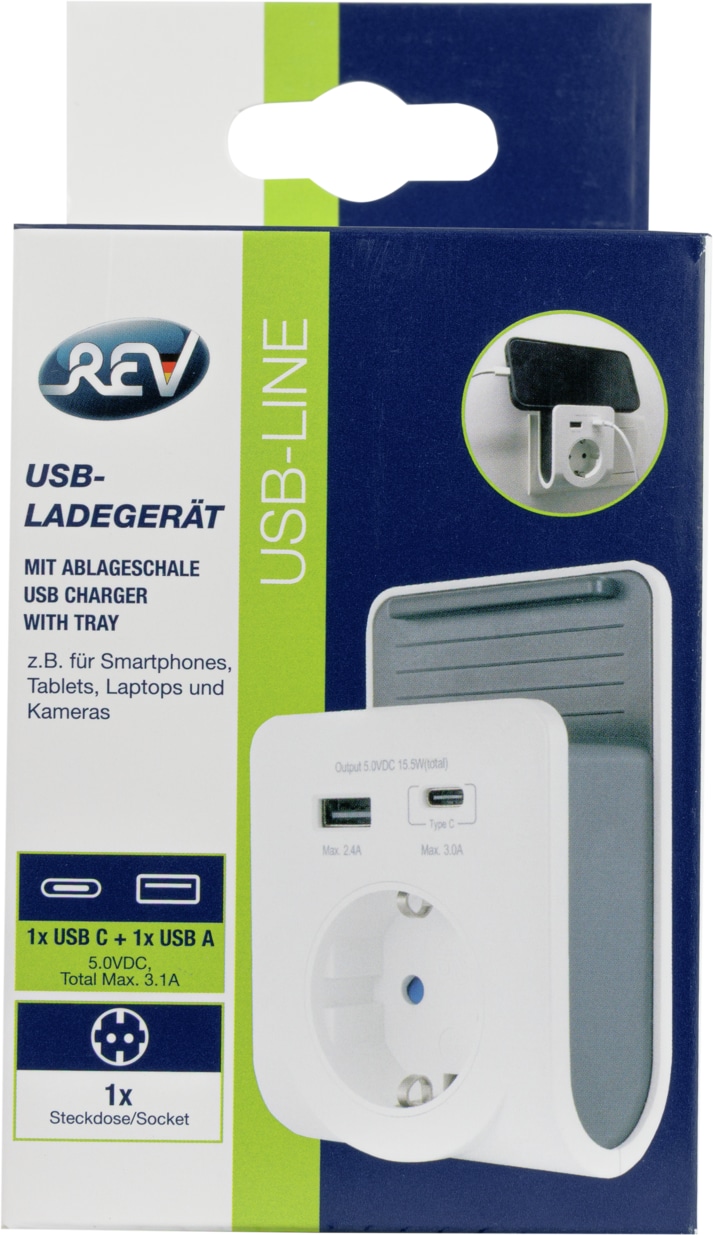 REV USB-Ladegerät mit Handyablage, 1x USB-A, 1x USB-C