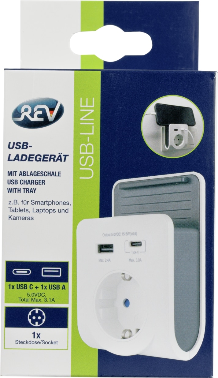 REV USB-Ladegerät mit Handyablage, 1x USB-A, 1x USB-C