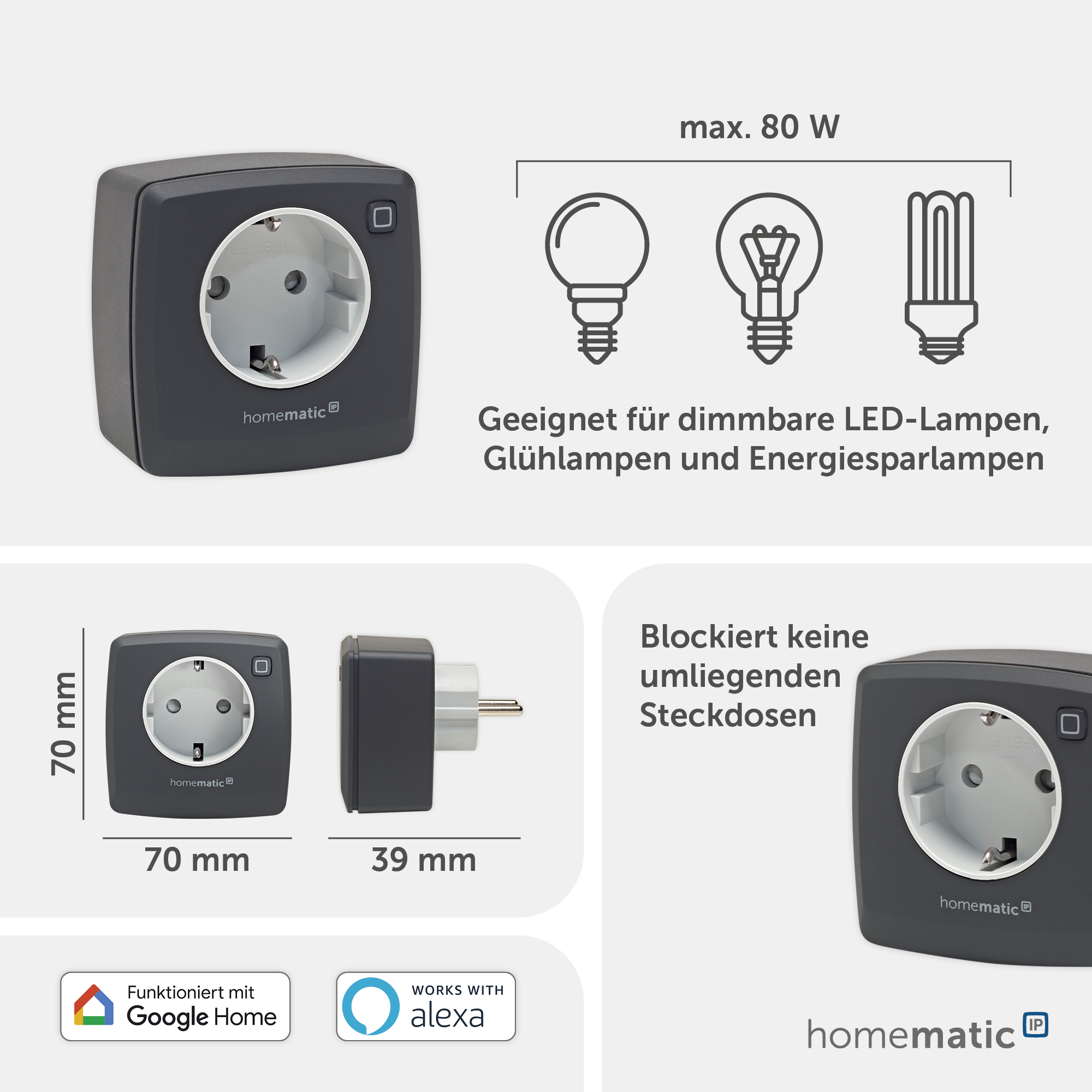 HOMEMATIC IP 161621A0, Dimmer-Steckdose, Phasenabschnitt, anthrazit