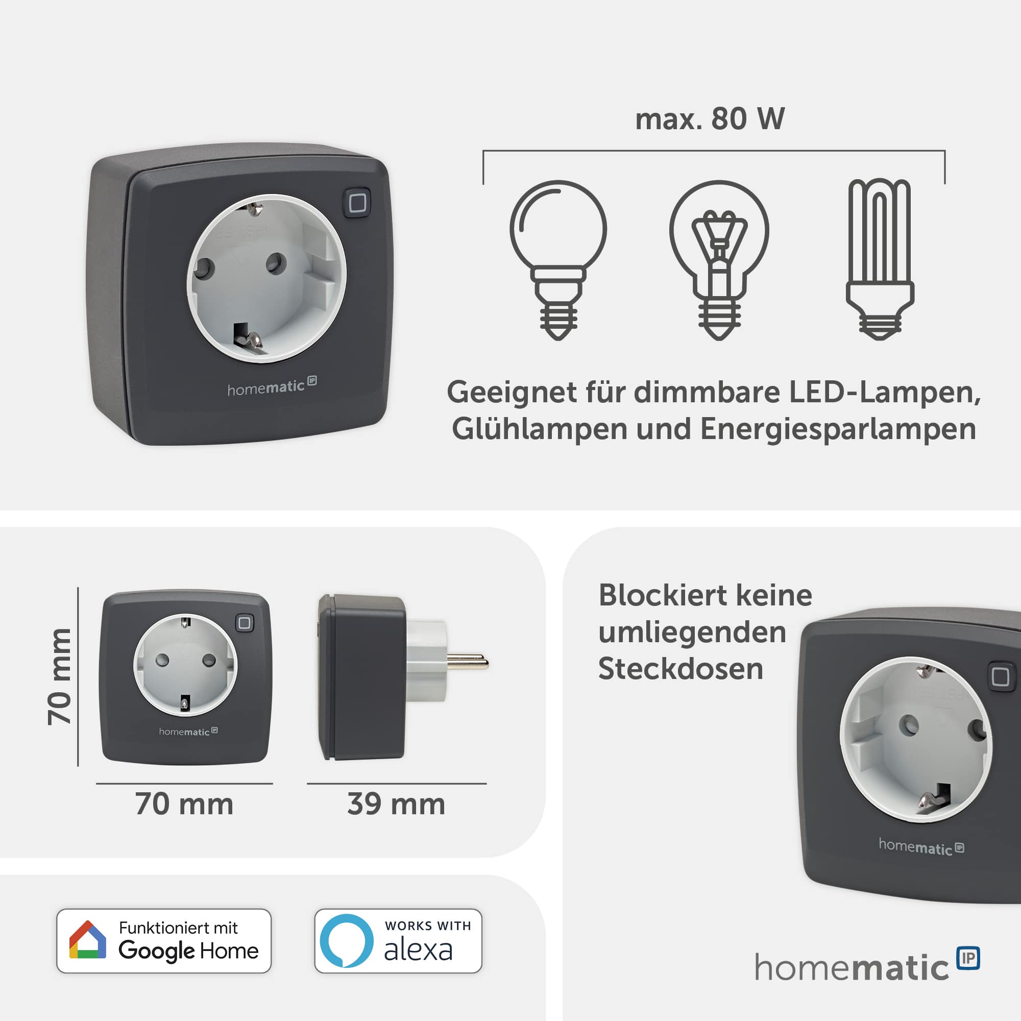 HOMEMATIC IP 161621A0, Dimmer-Steckdose, Phasenabschnitt, anthrazit
