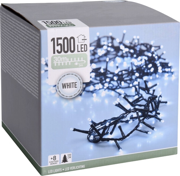 LED-Clusterlichterkette, 1500 LEDs, kaltweiß, 230 V~, grün, Innen/Außen, 33 m, Timer LED-Clusterlichterkette kaltweiß, 1500 LEDs, grünes Kabel, Innen/Außen, 33 m