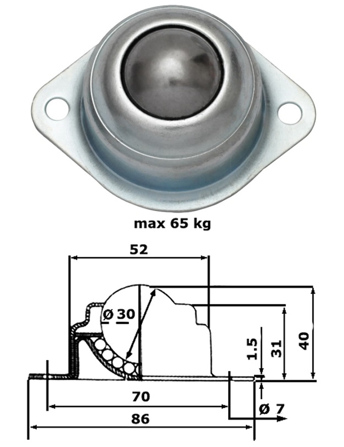 Kugelrolle, 85x64x42 mm, 65 kg, Stahl Kugelrolle, 85x64x42 mm, 65 kg, Stahl