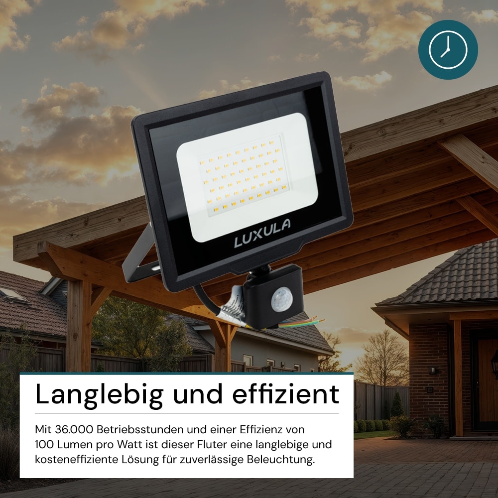 LUXULA LED-Fluter mit Bewegungsmelder, EEK: F, 50W, 5000lm, 4000K, schwarz