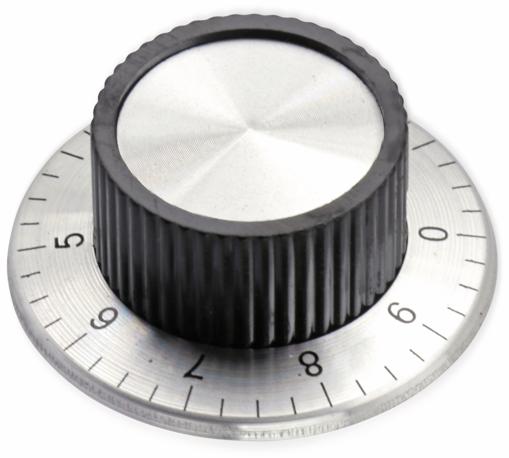Aluminium-Drehknopf mit Skala 0...9, 38x15 mm, silber/schwarz Aluminium-Drehknopf mit Skala 0...9, 38x15 mm, silber/schwarz