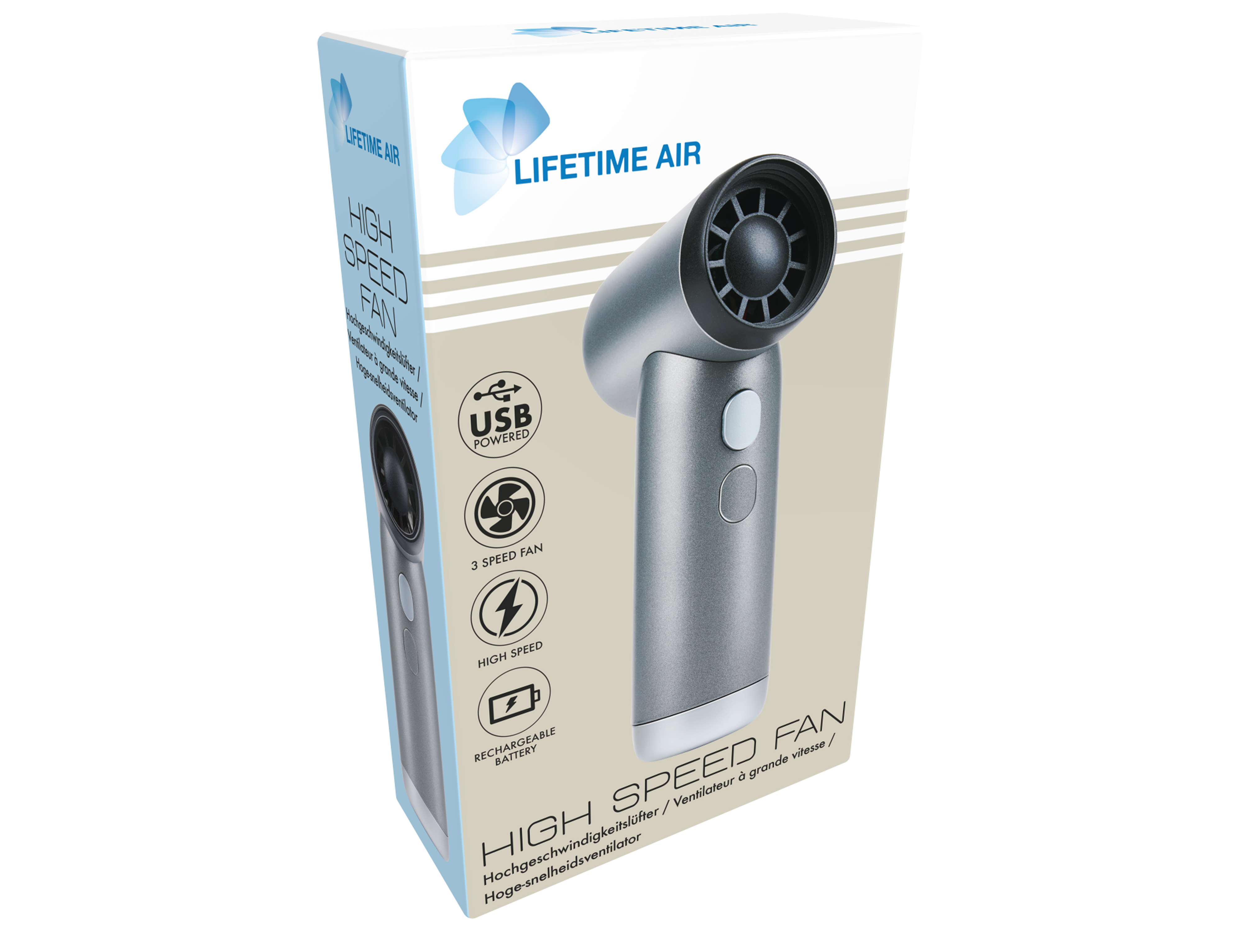 LIFETIME AIR USB-Handventilator 3 Geschwindigkeiten, 1100mAh, silber LIFETIME AIR USB-Handventilator 3 Geschwindigkeiten, 1100mAh, silber
