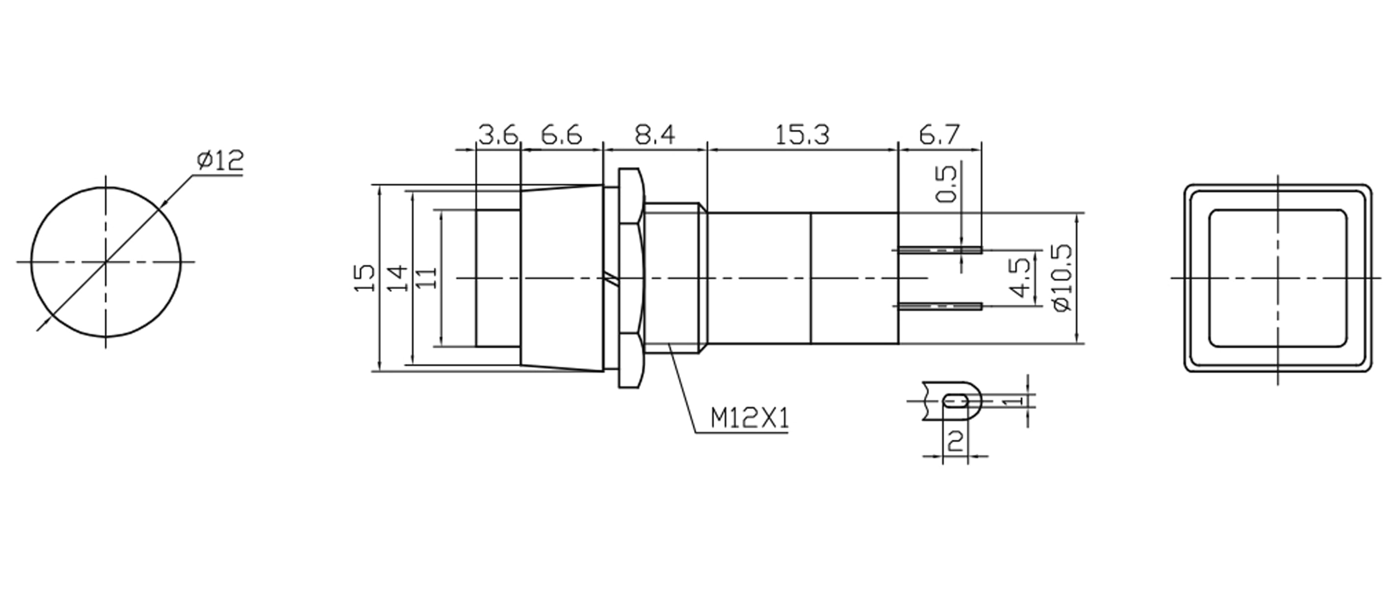Einbau-Druckschalter PBS-12A, quadratisch, Ein/Aus, gelb