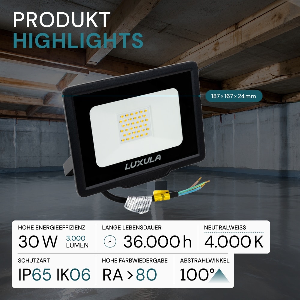 LUXULA LED-Fluter, EEK: F, 30W, 3000lm, 4000K, schwarz LUXULA LED-Fluter, EEK: F, 30W, 3000lm, 4000K, schwarz