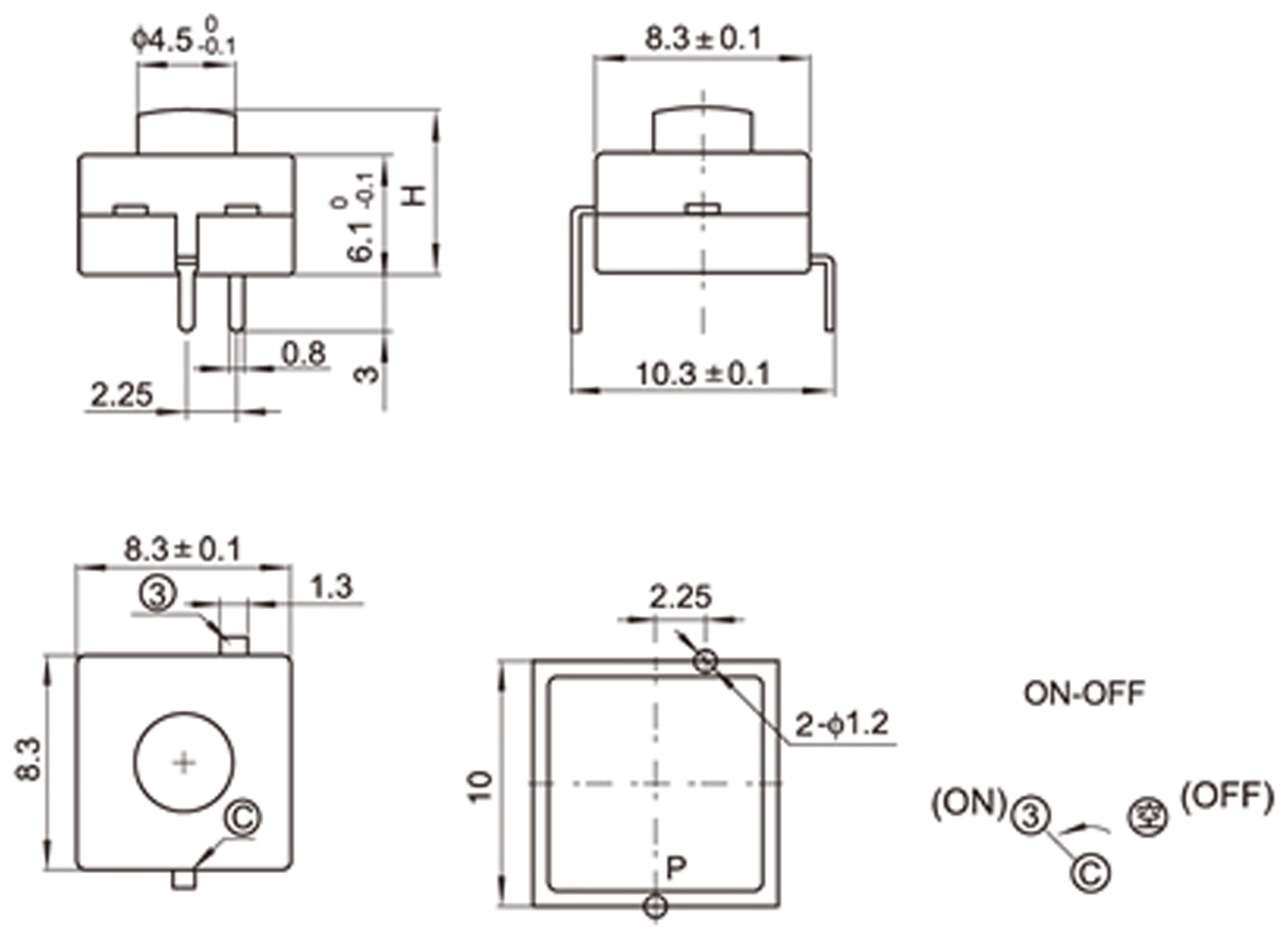 Miniatur-Druckschalter YT-8008-112A, 8,3x8,3 mm, Ein/Aus