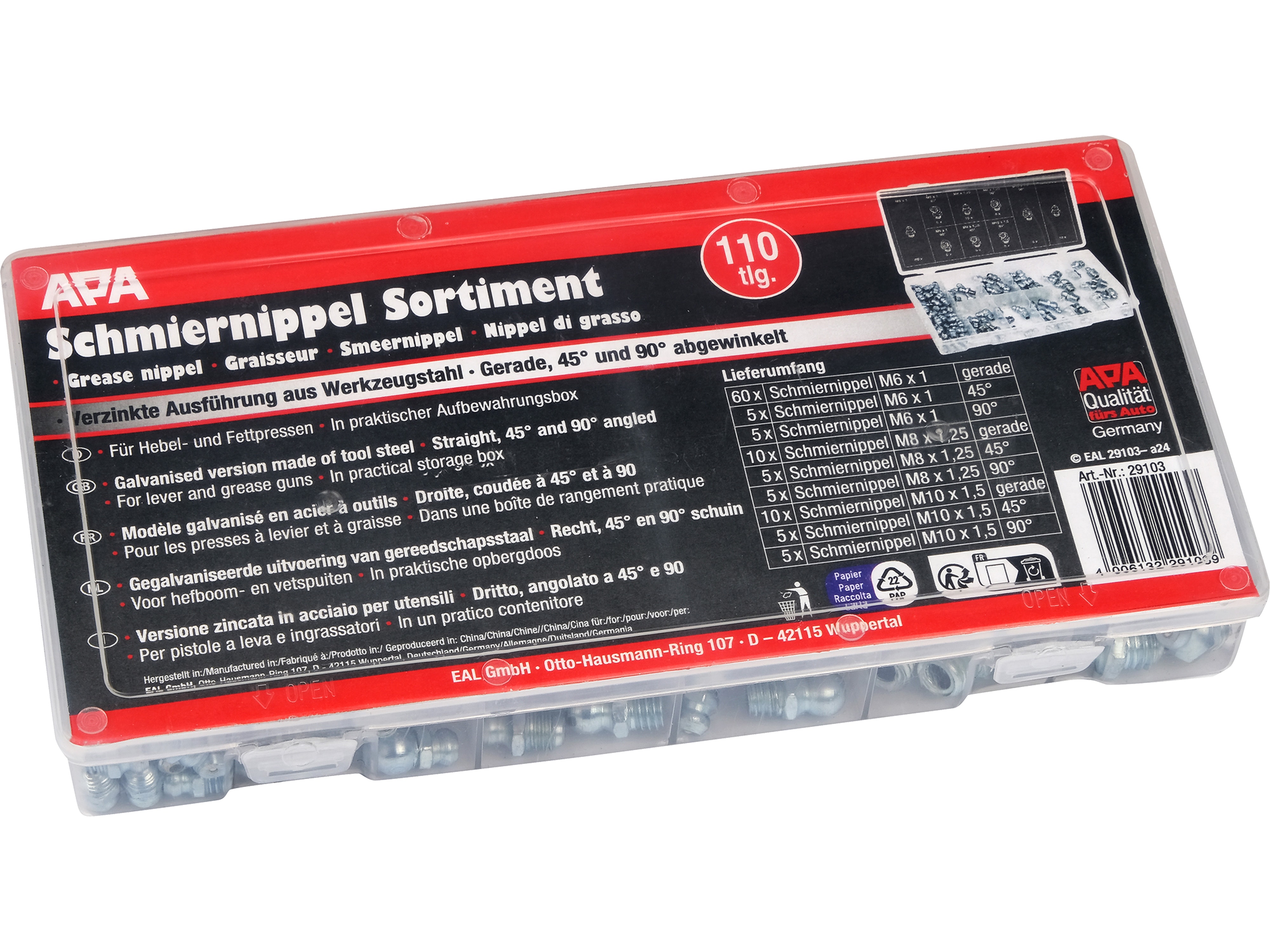 APA Schmiernippel Sortiment, 29103, 110-teilig APA Schmiernippel Sortiment, 29103, 110-teilig