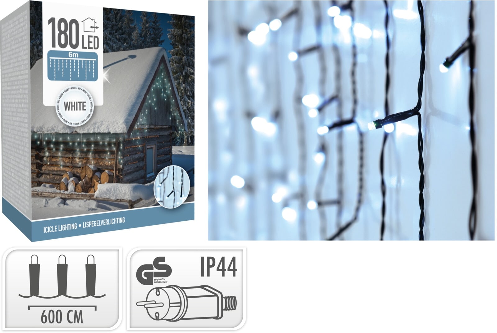 LED-Lichtervorhang, 180 LEDs, kaltweiß, 230 V~, grün, Innen/Außen, 9 m, Timer LED-Lichterkette Vorhang ,180 LEDs, kaltweiß, IP44, 230 V~, 6 m, grün