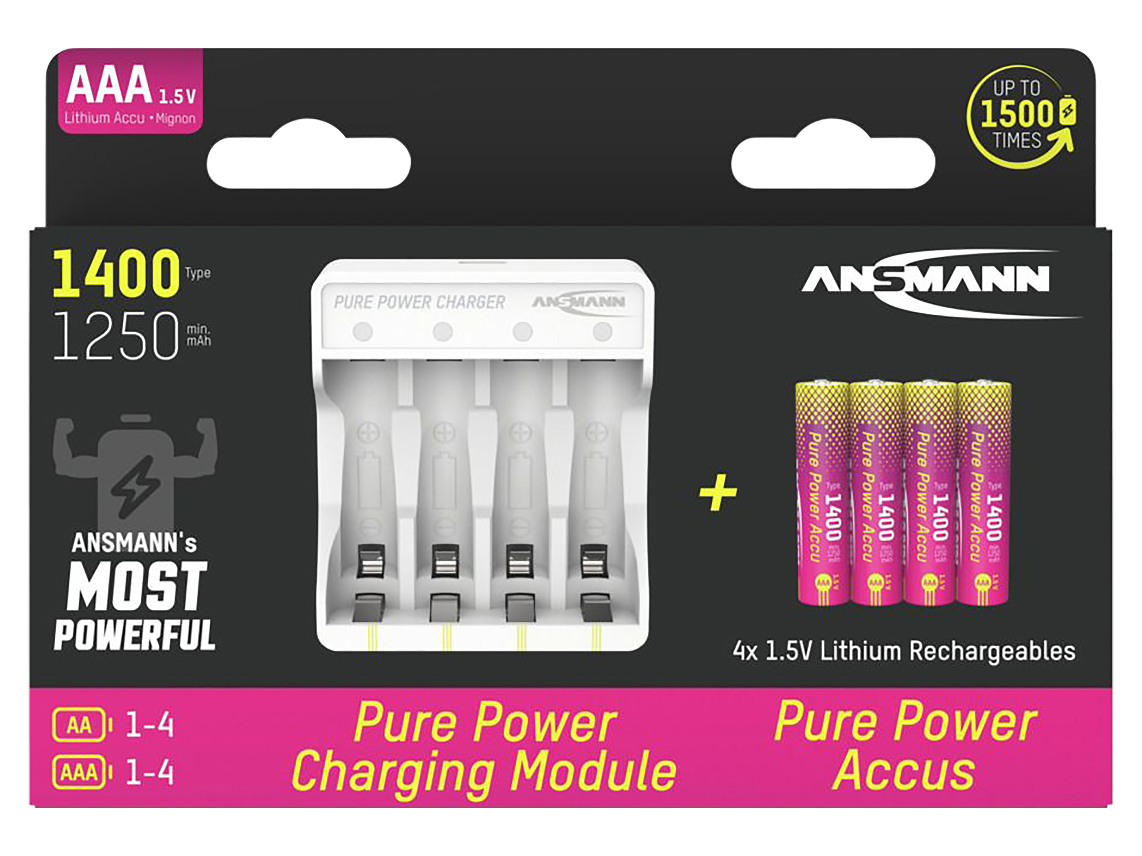 Lademodul ANSMANN Pure Power Set, 4× Micro AAA Akkus Typ 1400