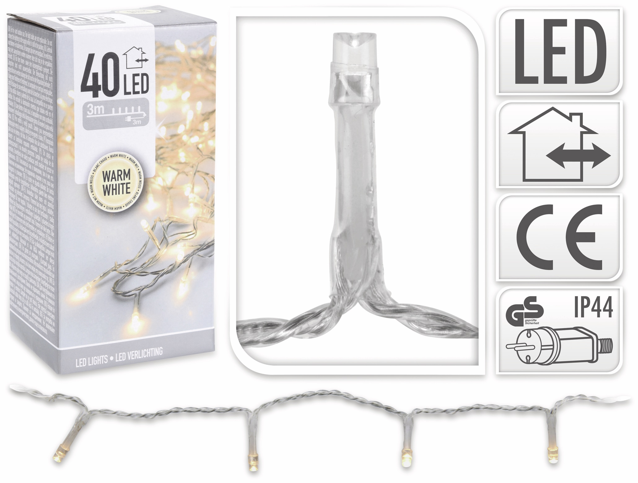 LED-Lichterkette, 40 LEDs, warmweiß, 230V~, IP44, Innen/Außen, Kabelfarbe silber/transparent LED-Lichterkette, 40 LEDs, warmweiß, 230V~, IP44, Innen/Außen, Kabelfarbe silber/transparent