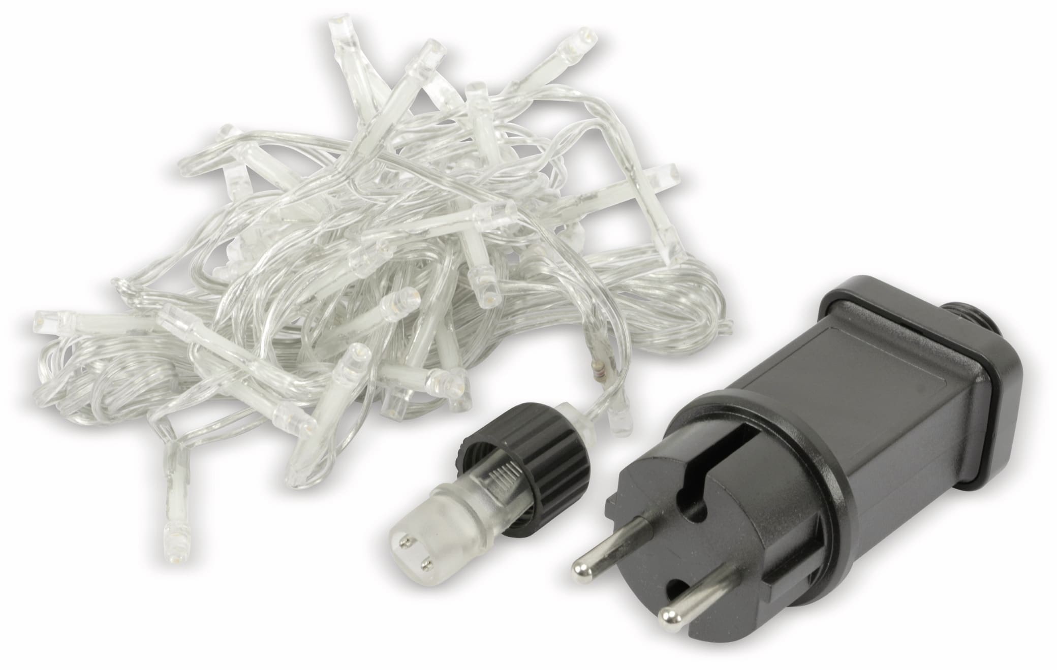 LED-Lichterkette, 40 LEDs, warmweiß, 230 V~, transparent, Innen/Außen, 6 m LED-Lichterkette, 40 LEDs, warmweiß, 230V~, IP44, Innen/Außen, Kabelfarbe silber/transparent