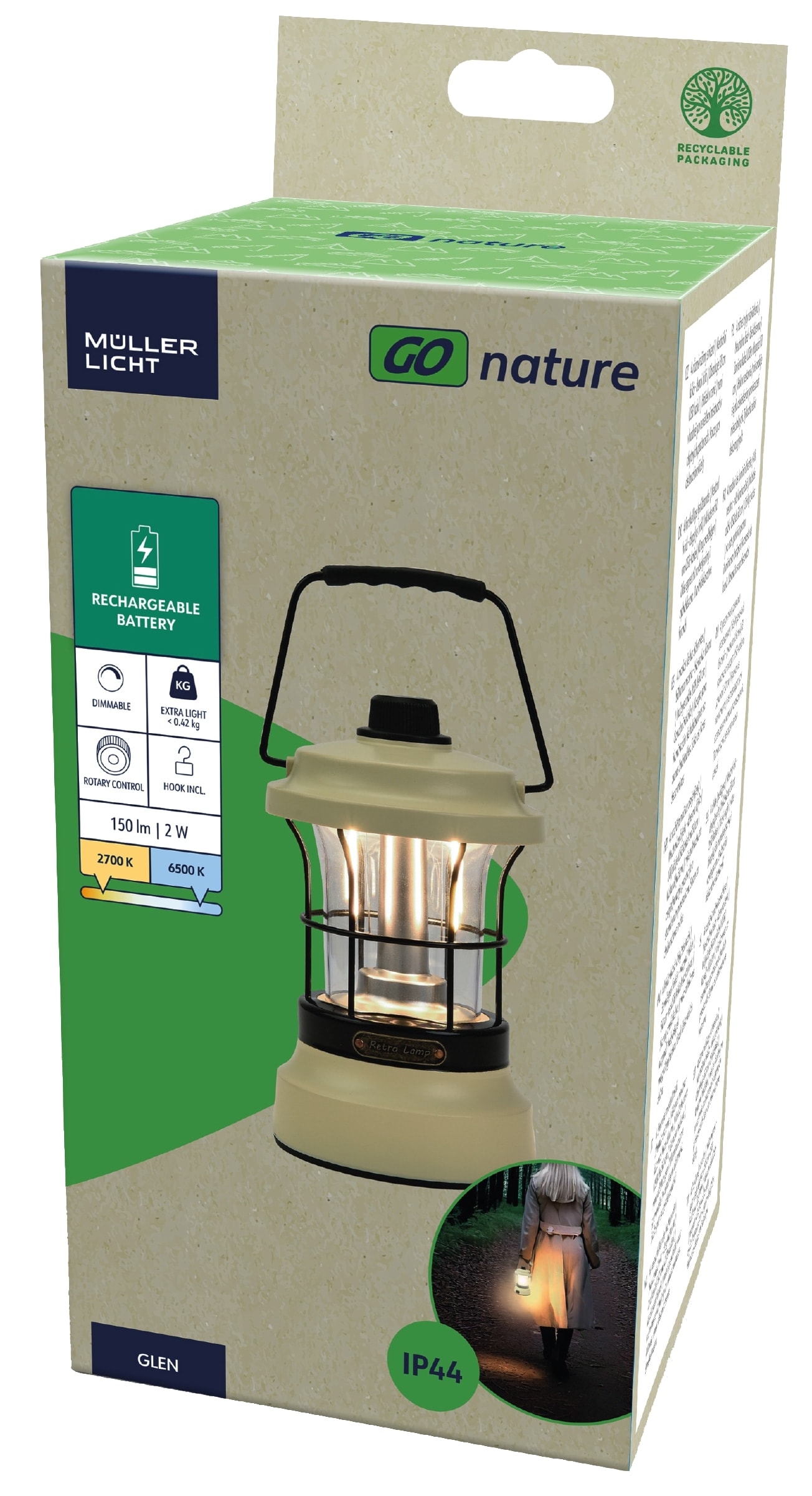 MÜLLER-LICHT LED-Akku-Campingleuchte GLEN, 2 W, 150 lm, hellbeige