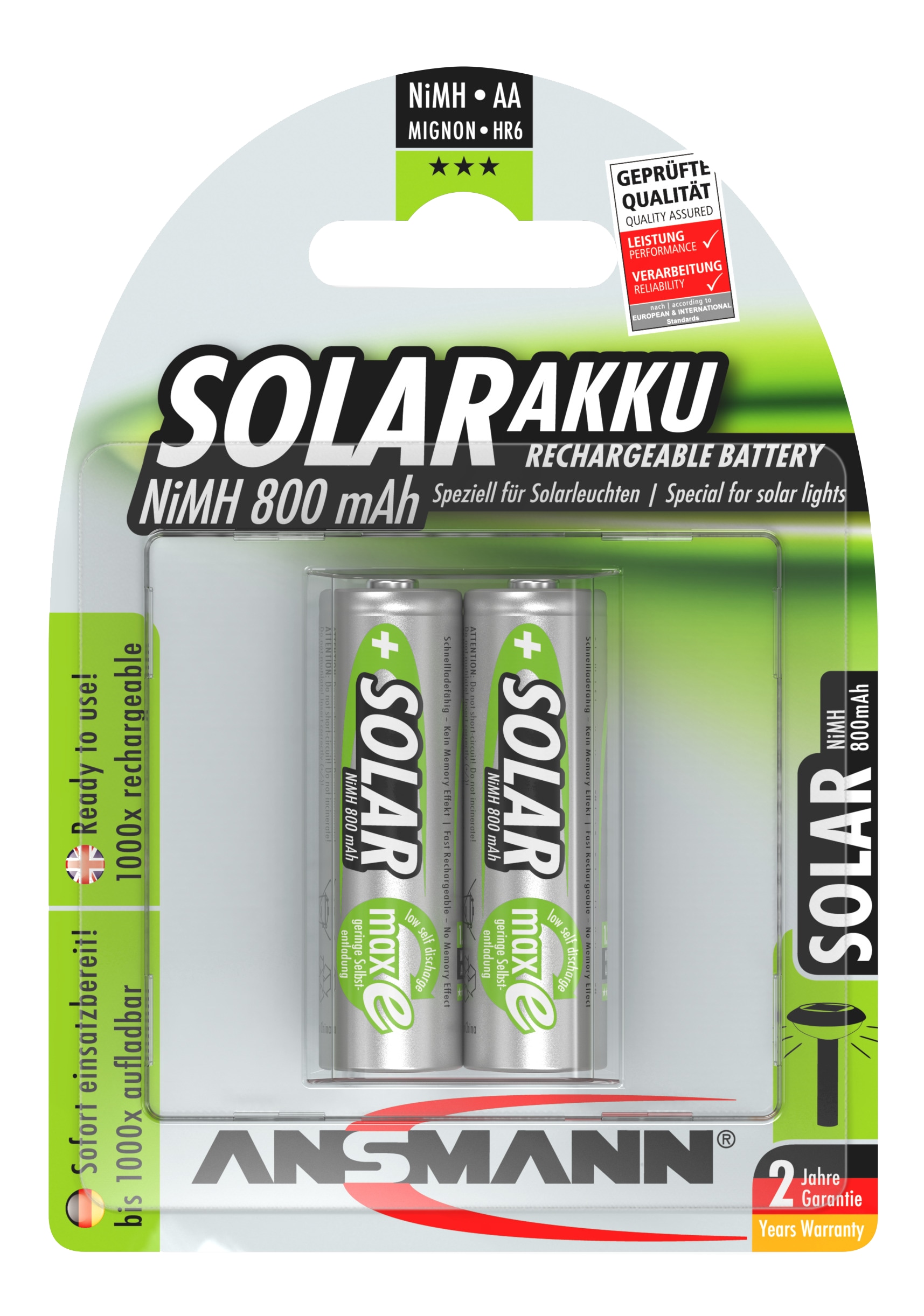ANSMANN Solar NiMH Akku Mignon AA 800 mAh maxE 2-Stück