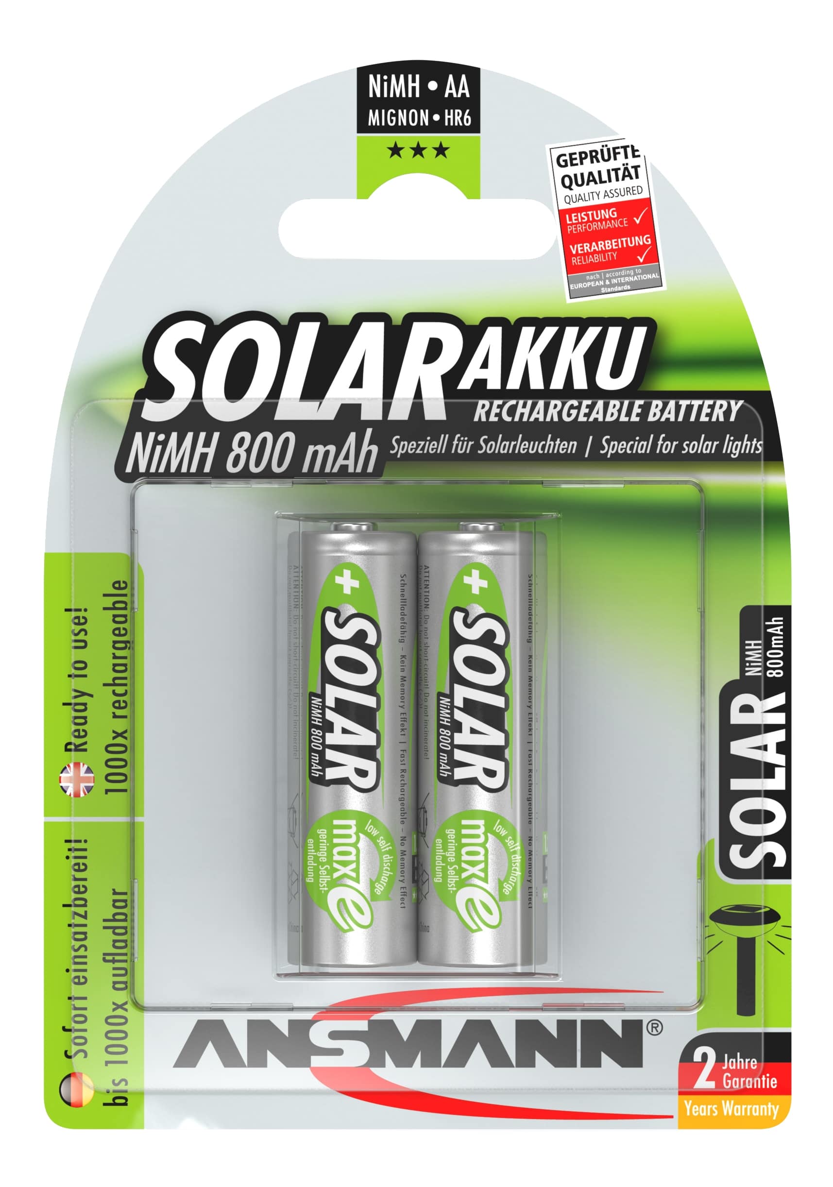 ANSMANN Solar NiMH Akku Mignon AA 800 mAh maxE 2-Stück