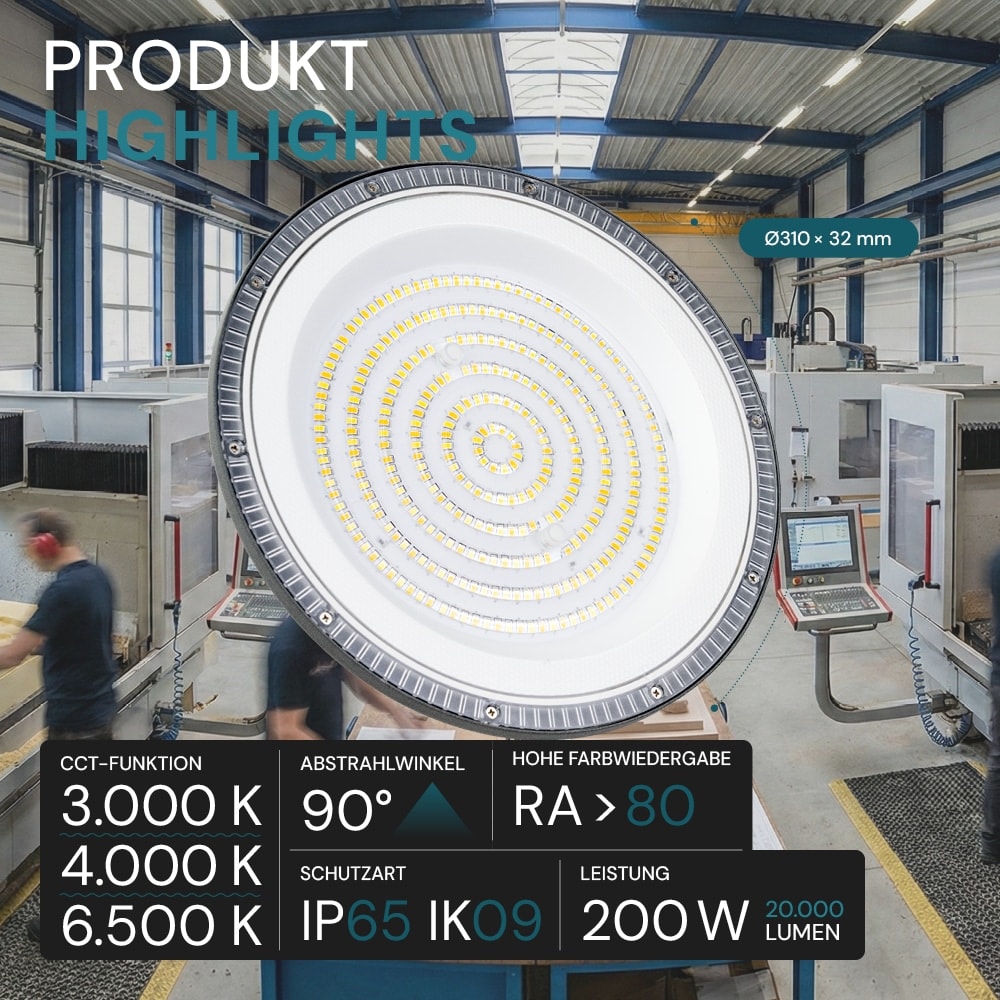 LUXULA LED-Hallenleuchte LX500137, HighBay, UFO, 200W, 20000lm, CCT, IP65