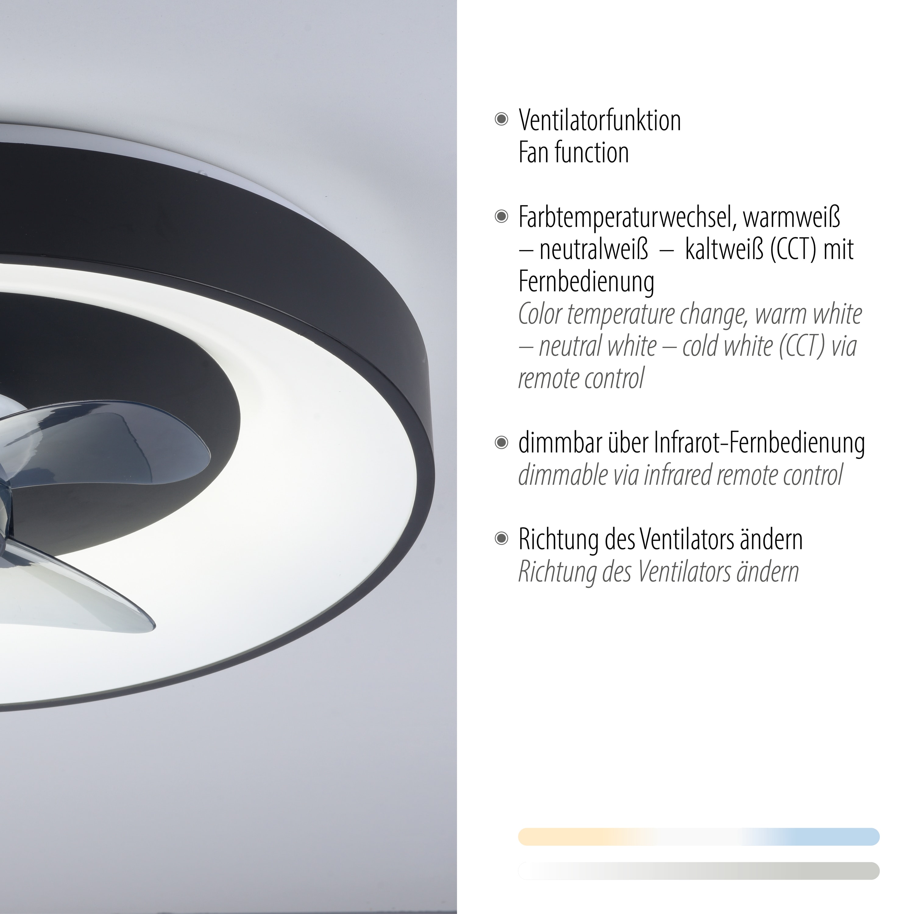 JUST LIGHT LED-Deckenleuchte Venika, mit Ventilator, 36 W, 4250lm, CCT, Ø 48,6 cm