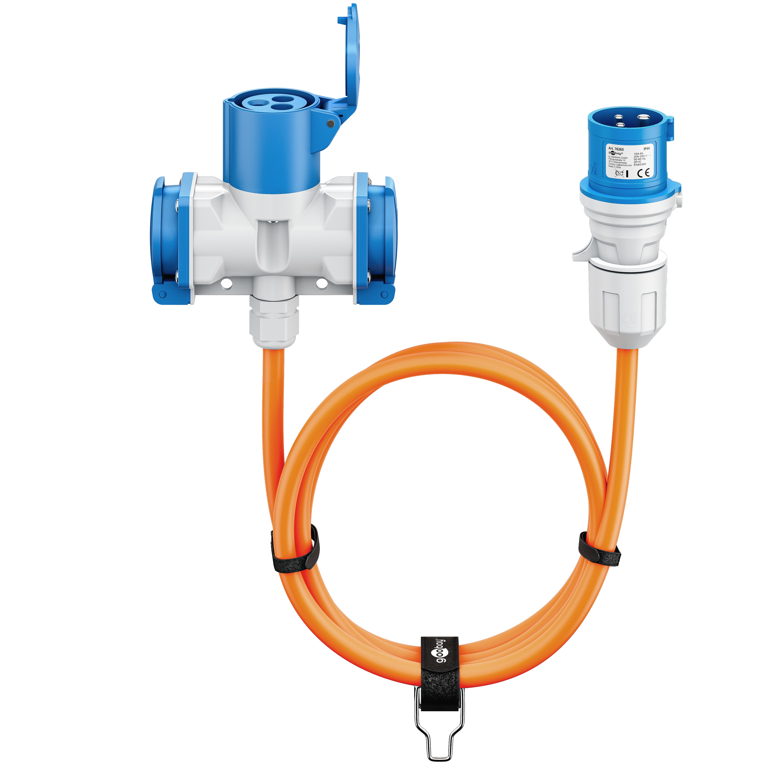 GOOBAY CEE-Adapterkabel 76266, 10 m, Stecker zu Kupplung + 2x Schutzkontaktkupplung