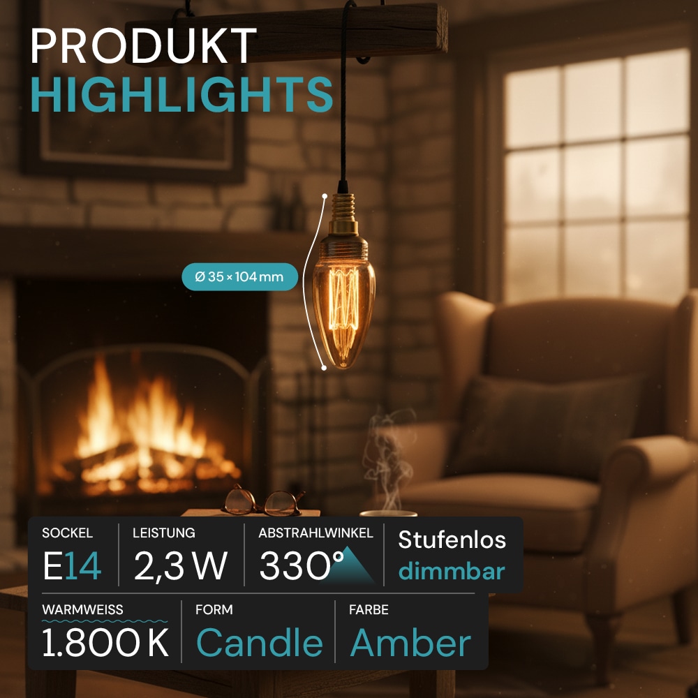 LUXULA LED-Filament-Lampe,, Vintage Kerze, E14, 2,3W, 65lm, 1800K