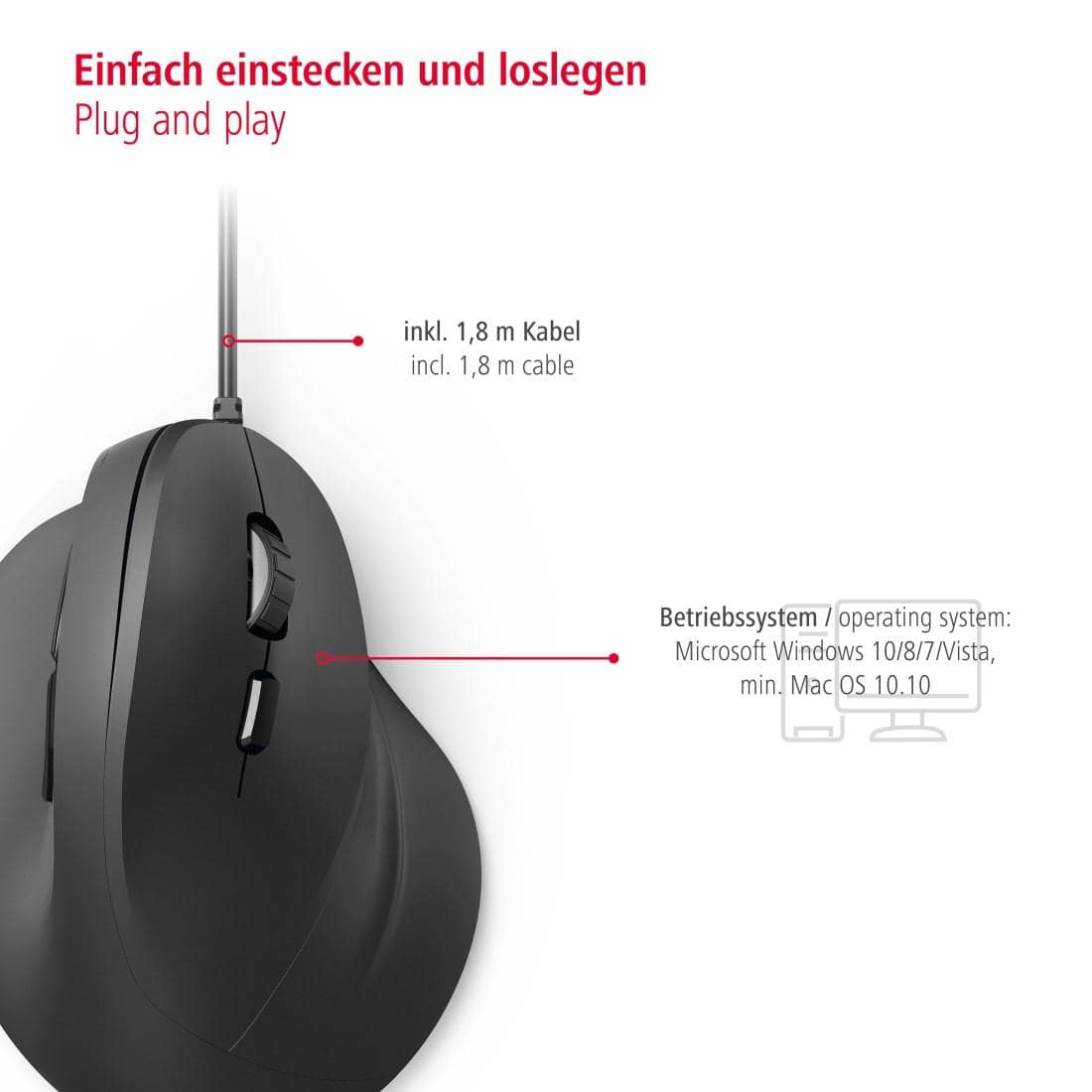 HAMA USB-Maus EMC-500, ergonomisch, 6 Tasten, schwarz