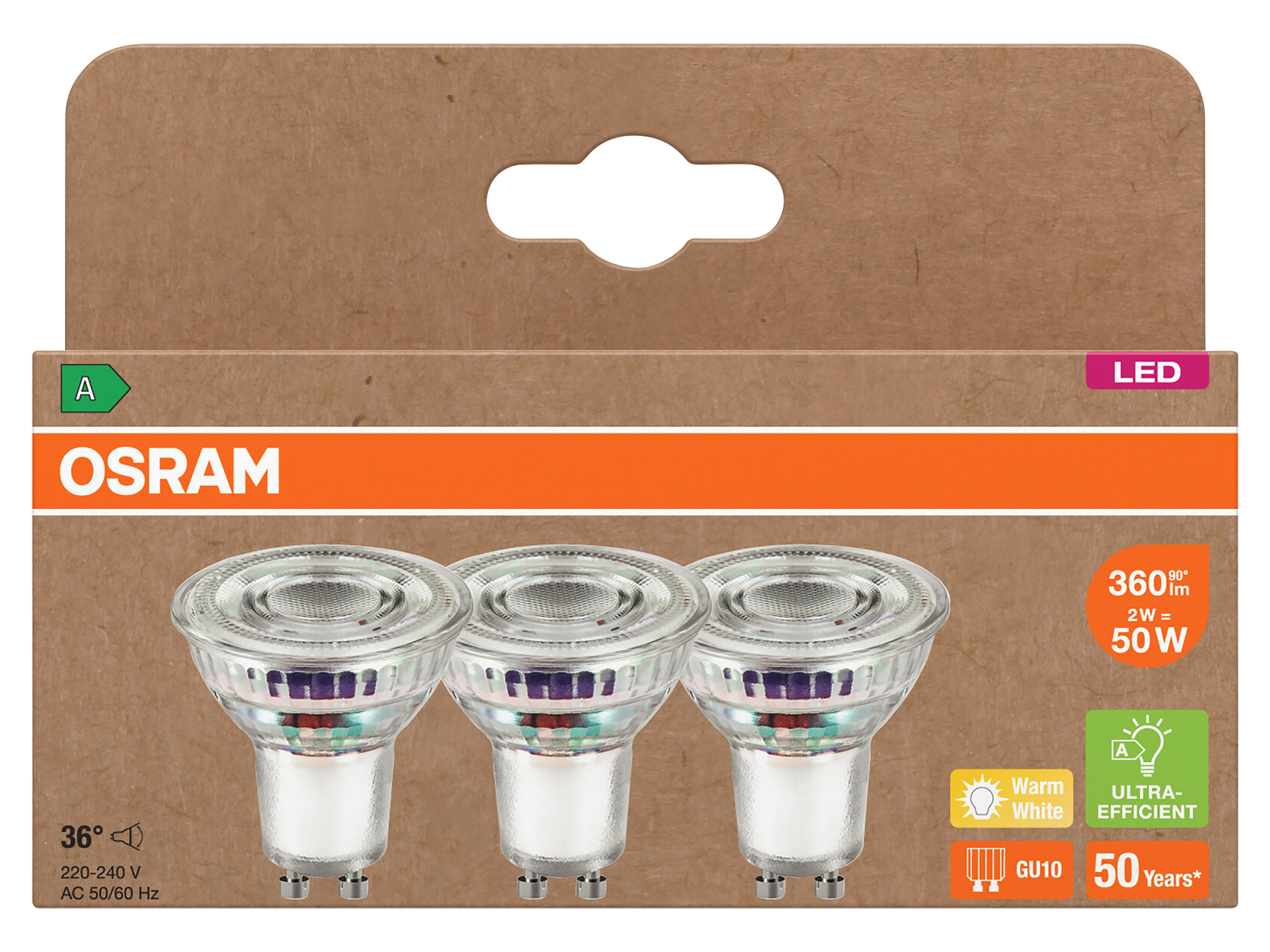 OSRAM LED-Reflektorlampe, GU10, 2W, 2700K, EEK: A, 360lm, warmweiß, IP20, 3 Stück