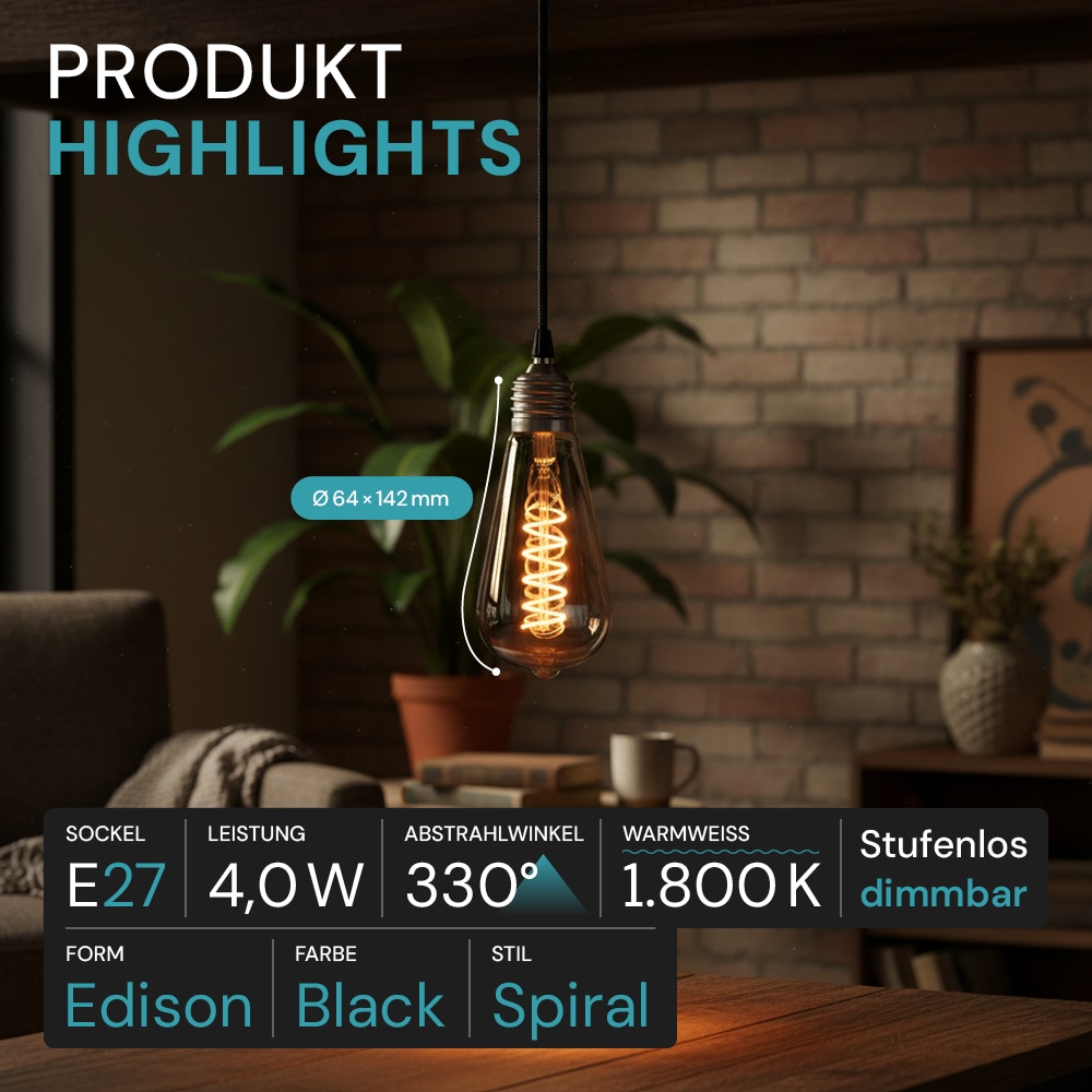 LUXULA LED-Filament-Lampe, SPIRAL, Pear, E27, 4W, 40lm, 1800K, dimmbar