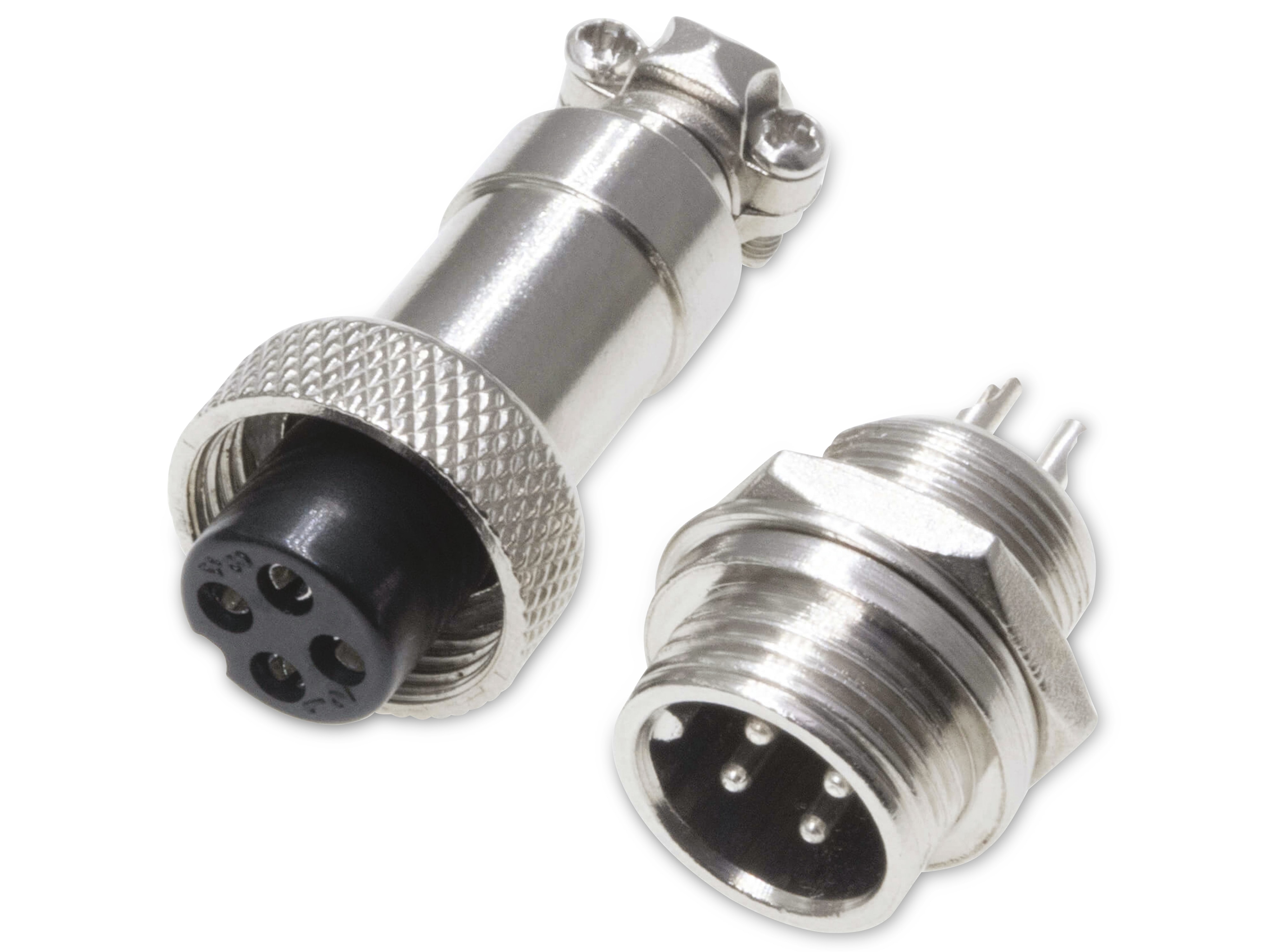 Rundsteckverbinder, 4-polig, 60V, 2A, Lötanschluss, IP55, wire to panel, 1 Stecker + 1 Buchse Rundsteckverbinder, 4-polig, 60V, 2A, Lötanschluss, IP55, wire to panel, 1 Stecker + 1 Buchse
