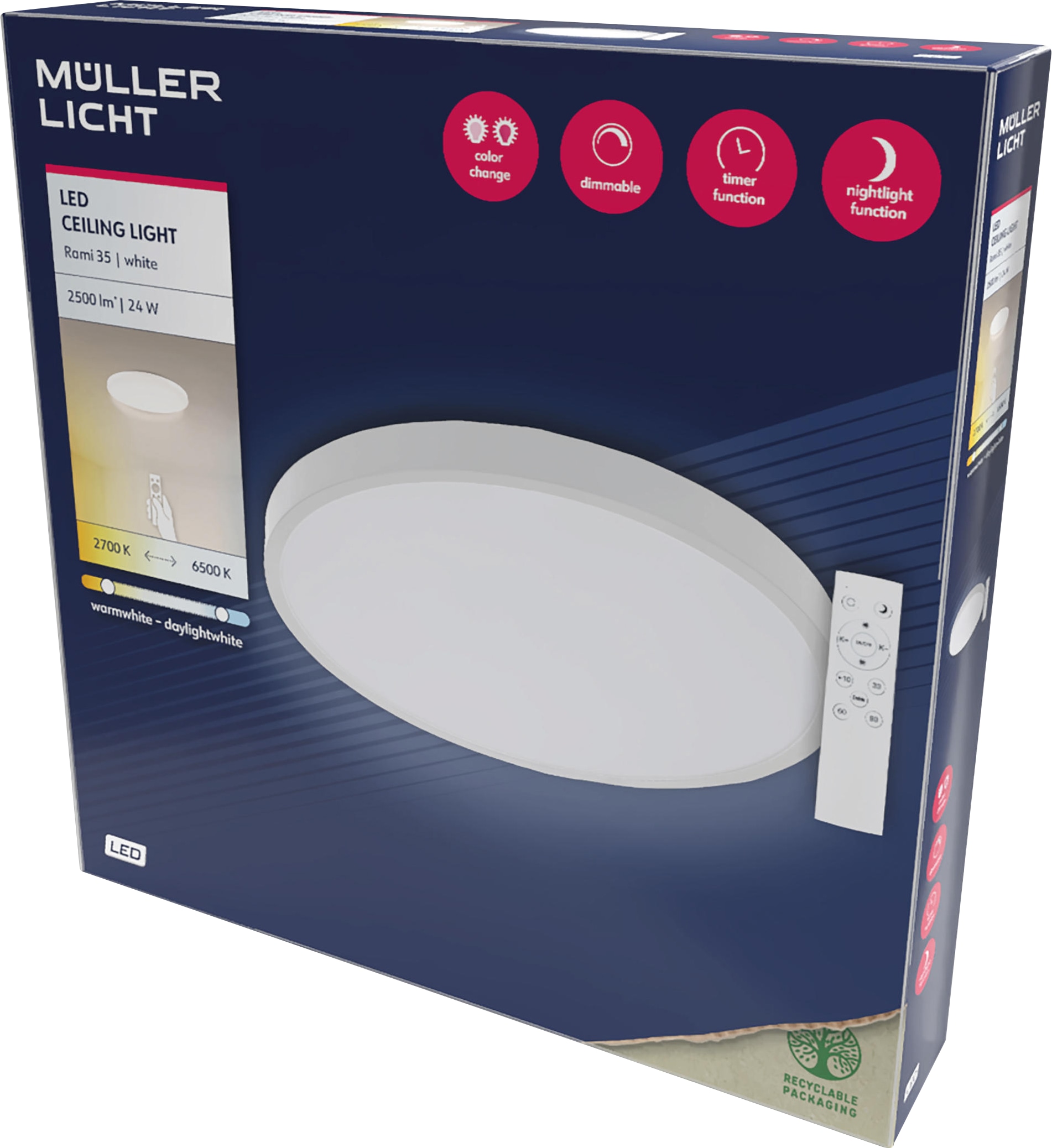 MÜLLER-LICHT LED-Deckenleuchte Rami 36 white, 24W, 2500lm, 2700-6500K, IP20, CCT