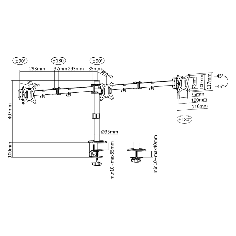 LOGILINK Monitorhalterung BP0173, 3-fach, 43,2 - 68,6 cm (17" - 27"), Aluminium