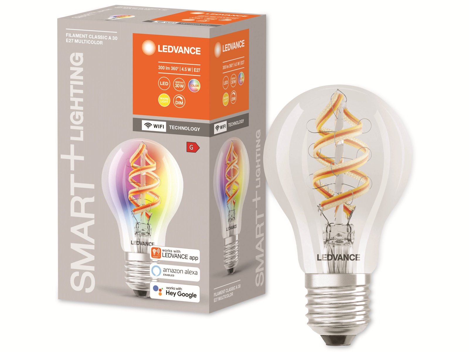 LEDVANCE LED-Filament-Lampe, CLA30D, E27, EEK: G, 4,5W, 300lm, 2700K, WiFi LEDVANCE LED-Filament-Lampe, CLA30D, E27, EEK: G, 4,5W, 300lm, 2700K, WiFi