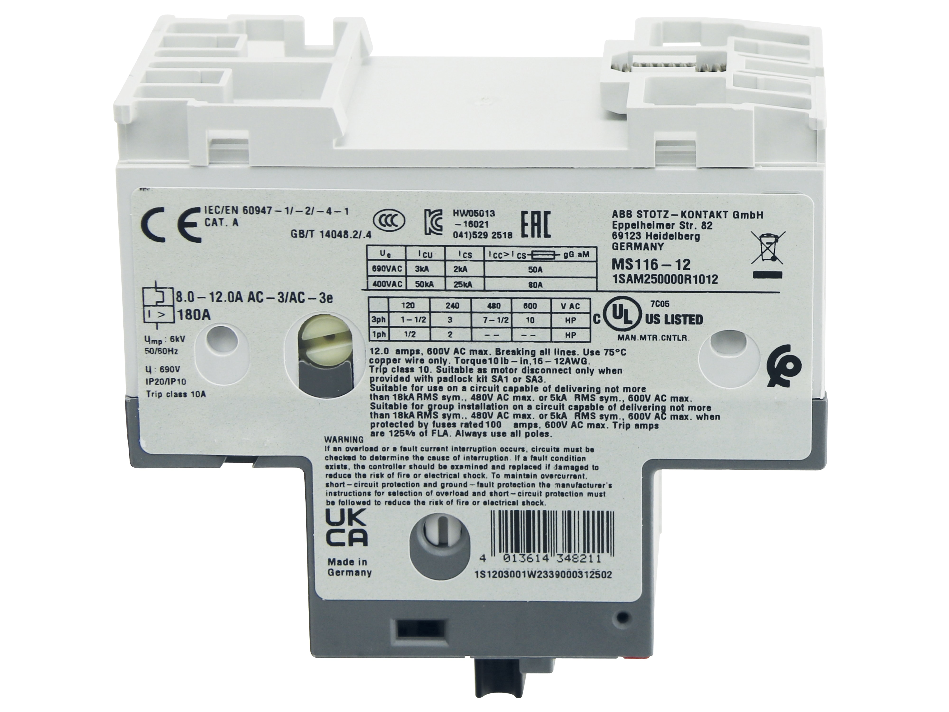 ABB Motorschutzschalter MS116-12, Auslöseklasse 10 A, 8...12 A