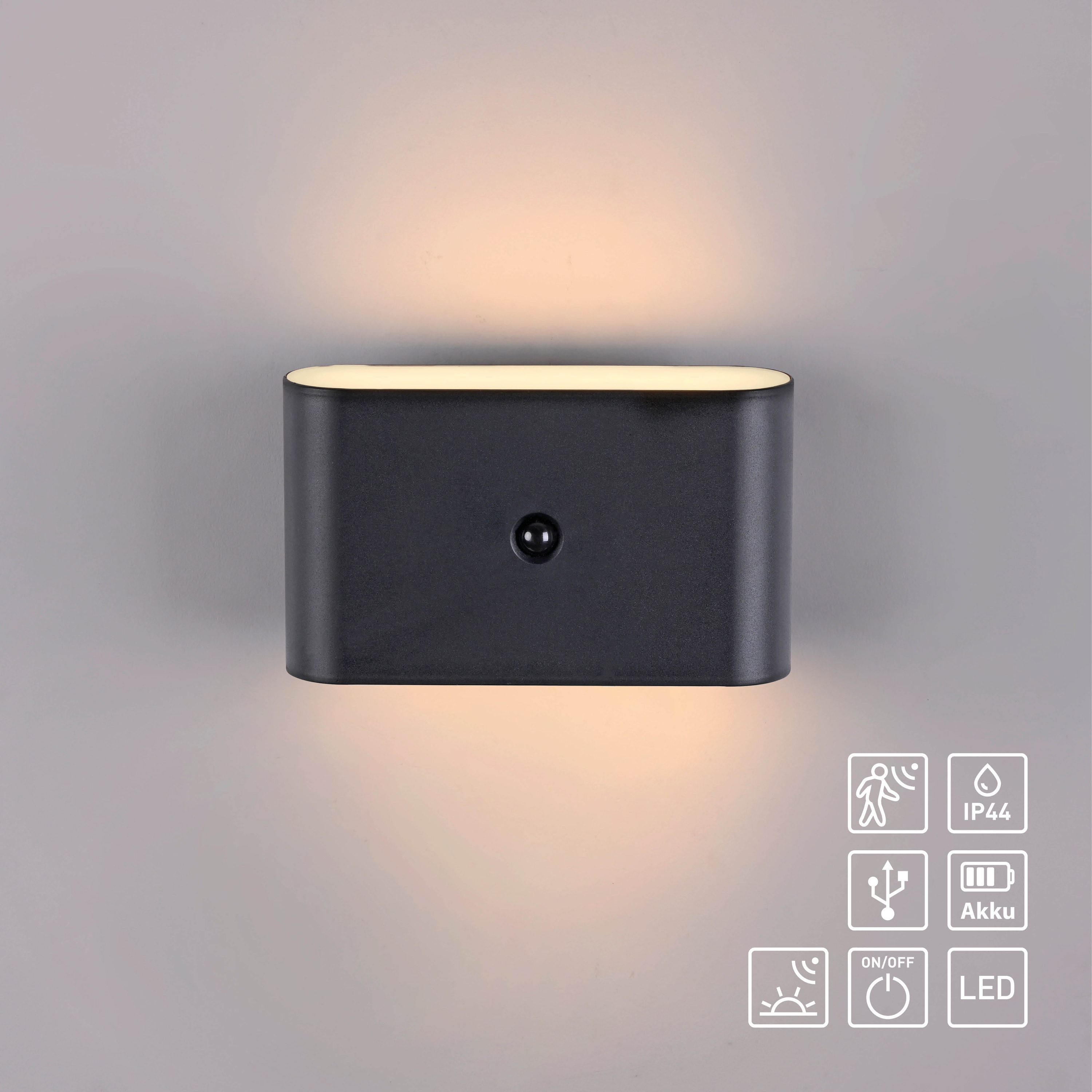 JUST LIGHT LED-Akku-Wandleuchte 19475-18, 3W, 3000K, 330lm, warmweiß, IP44, schwarz