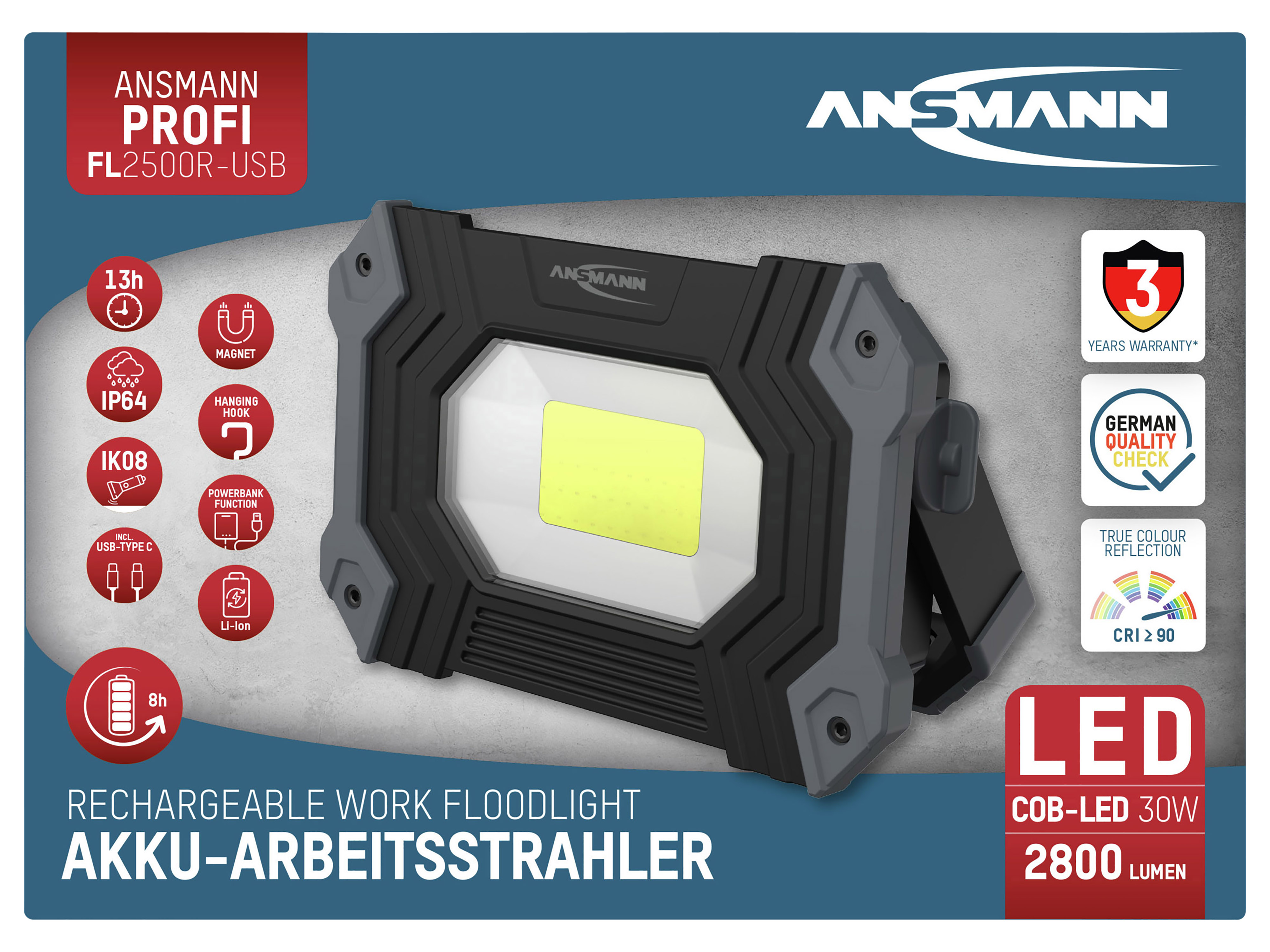 ANSMANN LED-Arbeitsleuchte FL2500R, 30 W, 2400 lm, Akkubetrieb