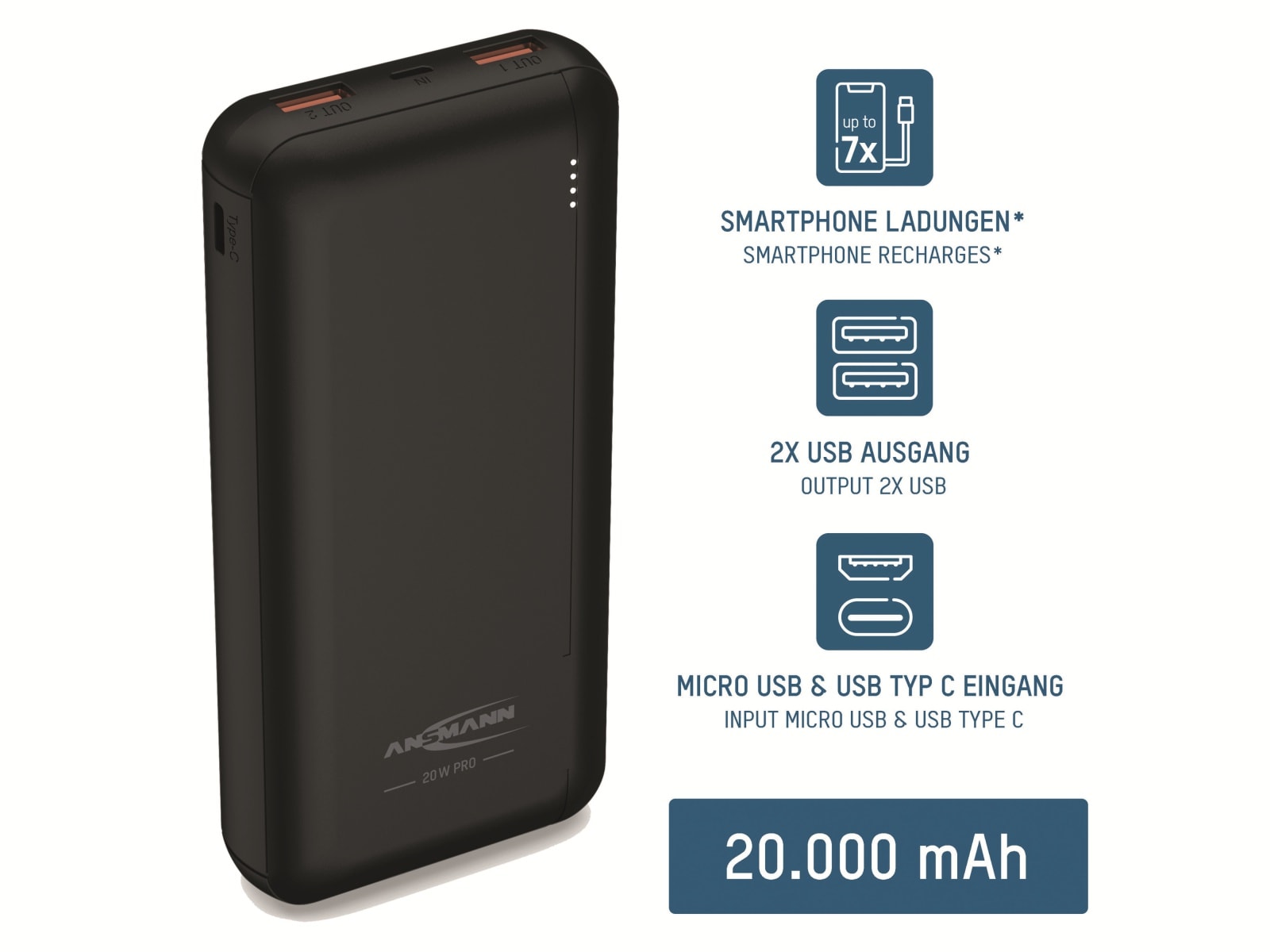 ANSMANN USB Powerbank PB320PD, 20000 mAh, 20 Wh, 2x USB-A Port, QC 3.0