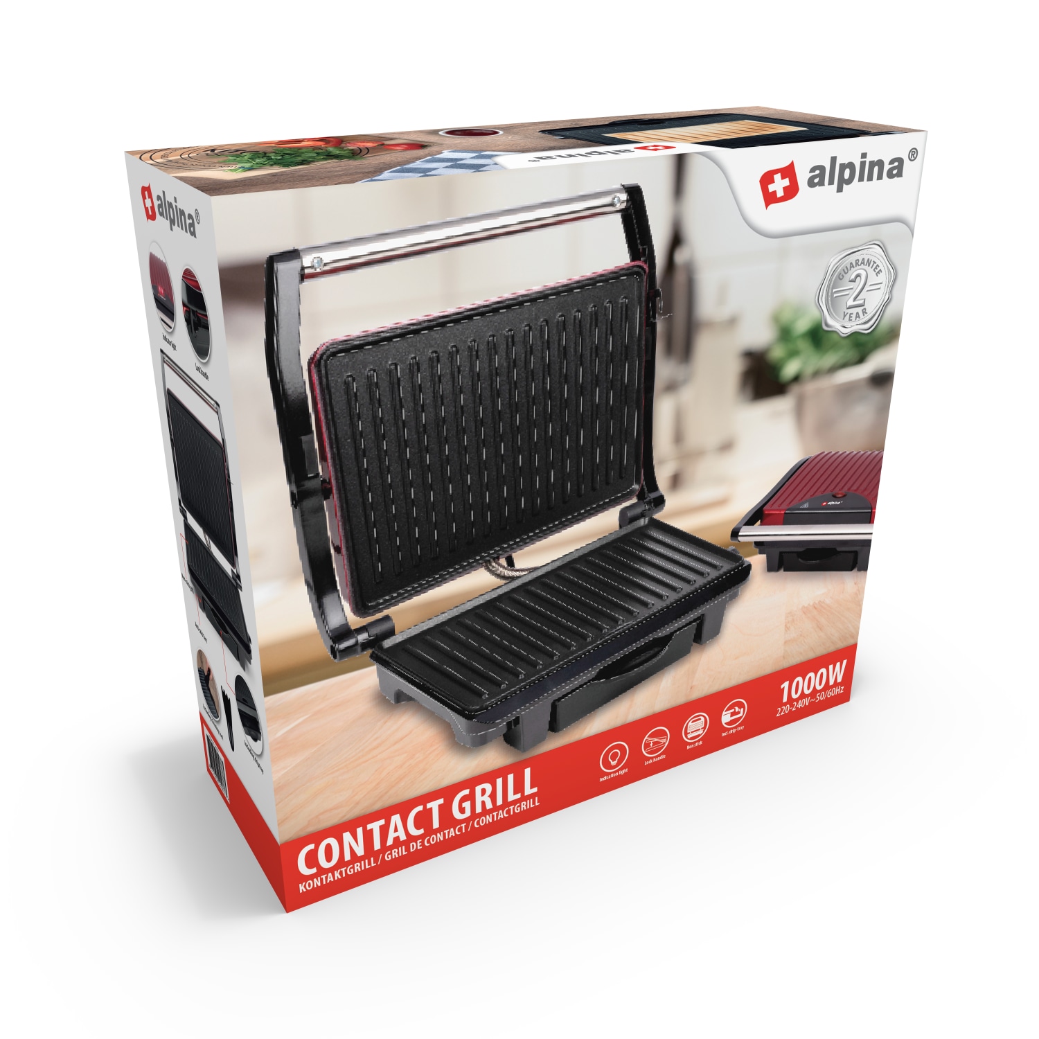 ALPINA Kontaktgrill, Multigrill, Panini, Sandwich, Fleisch, schwarz/rot, 1000W