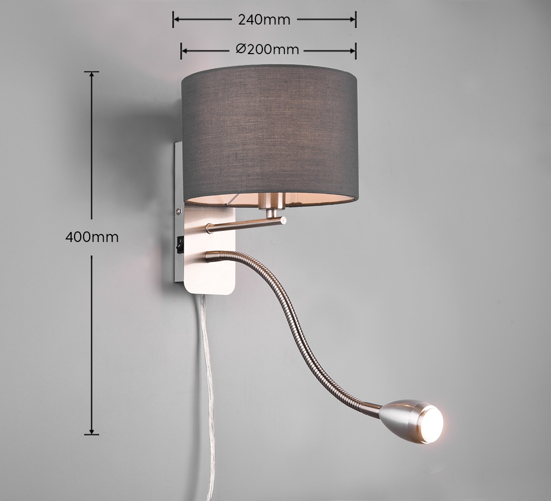 TRIO Wandleuchte Hotel 271170211 Nickel matt, Schirm grau, 1 x 3,1W LED, 310 lm, 3000K, 1 x E14