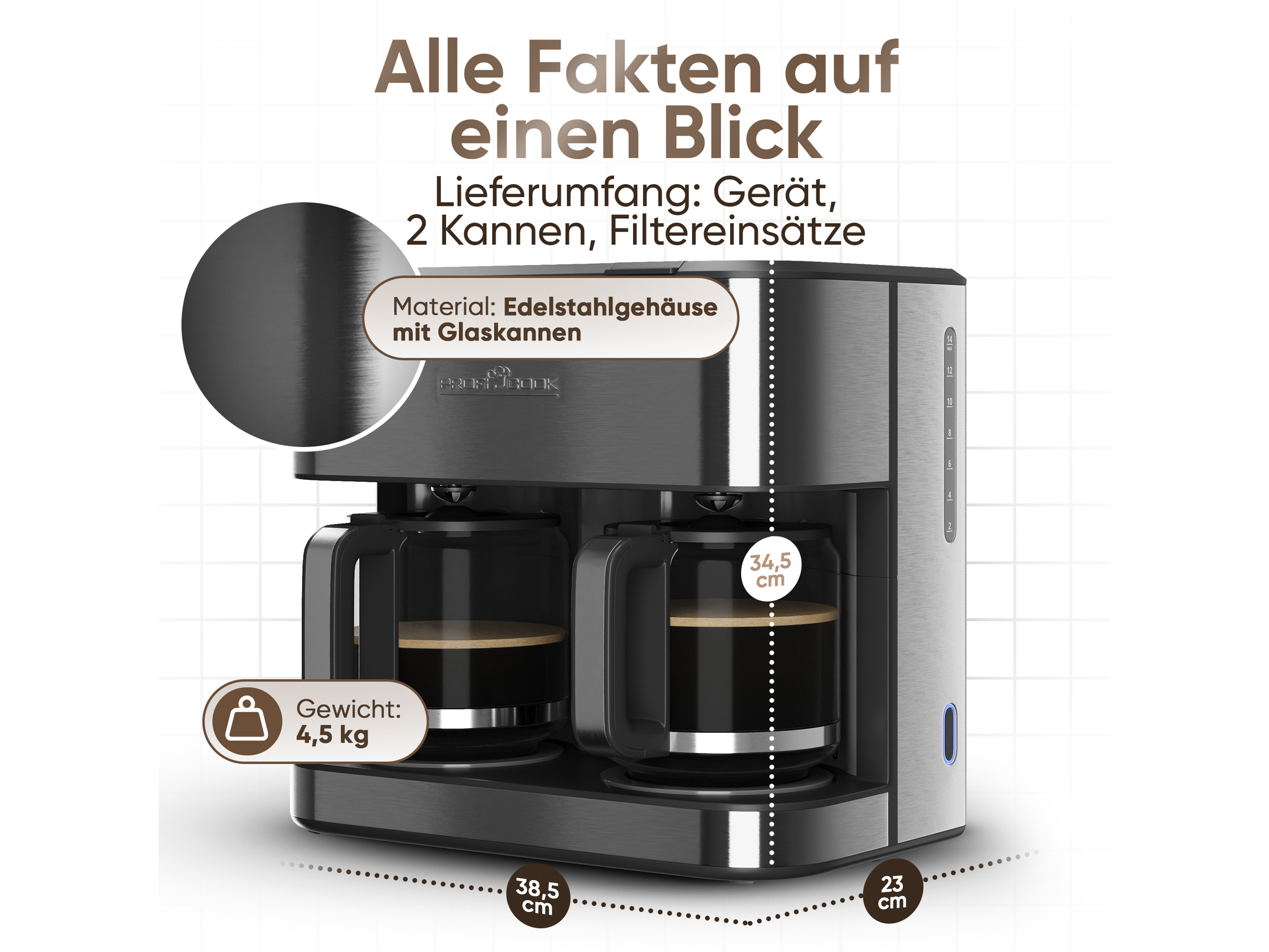 PROFI COOK Doppelkaffeemaschine PC-KAD 1308, 3,6 L, 2000 W, dark inox