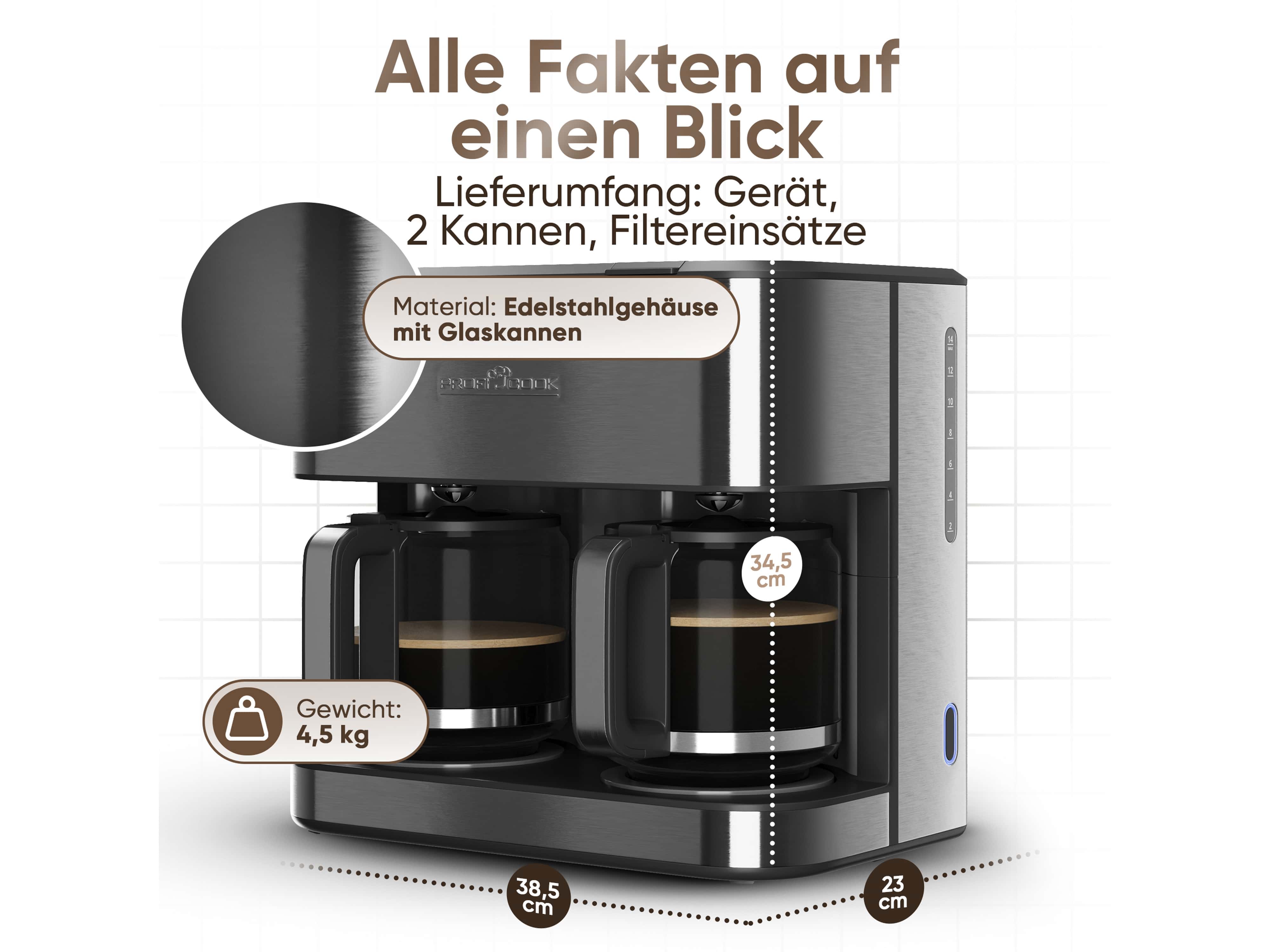 PROFI COOK Doppelkaffeemaschine PC-KAD 1308, 3,6 L, 2000 W, dark inox PROFI COOK Doppelkaffeemaschine PC-KAD 1308, 3,6 L, 2000 W, dark inox