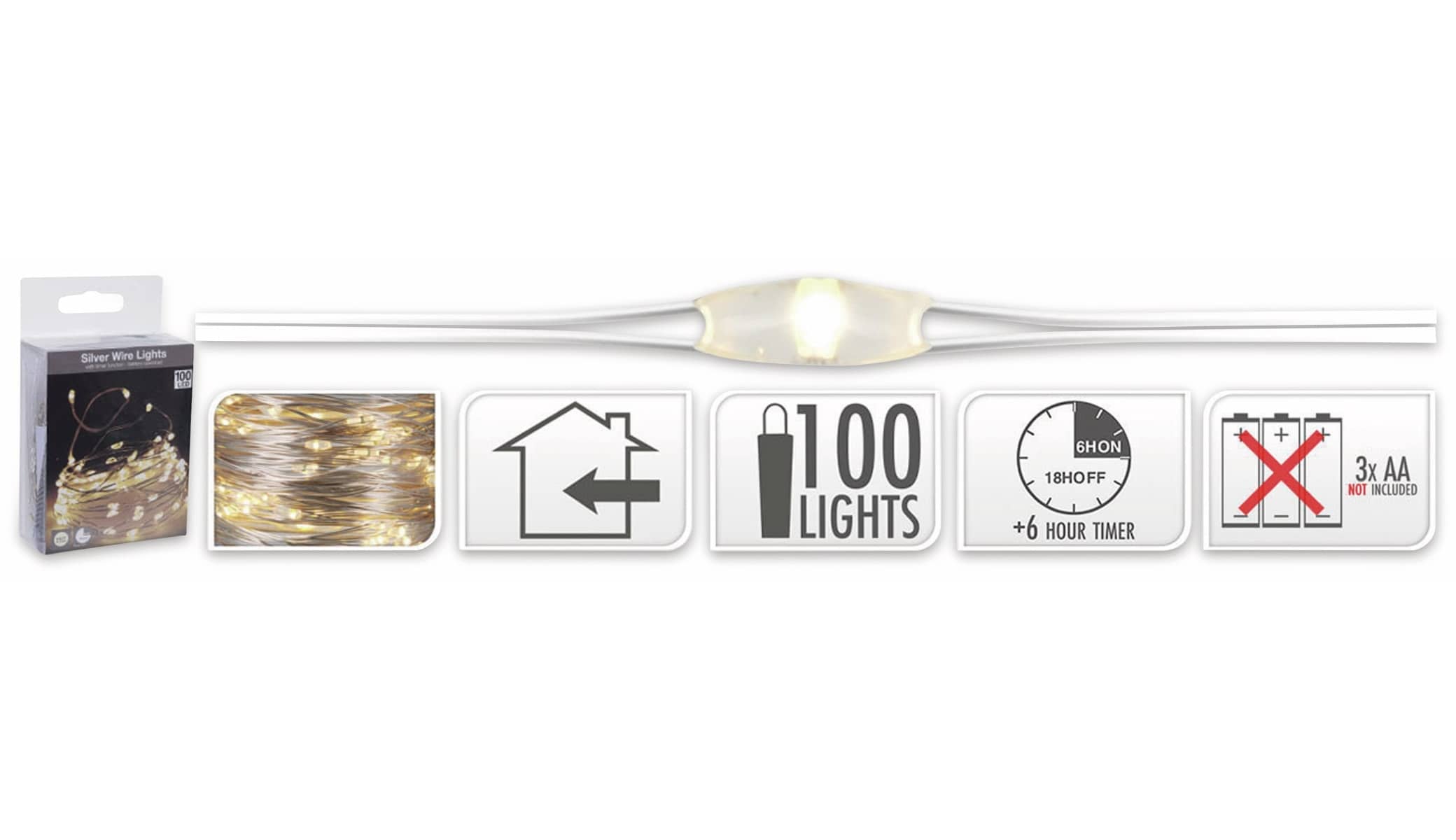 LED-Silberdrahtlichterkette, 100 LEDs, warmweiß, Batterie, Innen, 5 m, Timer LED-Silberdrahtlichterkette, 100 LEDs, warmweiß, Batterie, Innen, 5 m, Timer