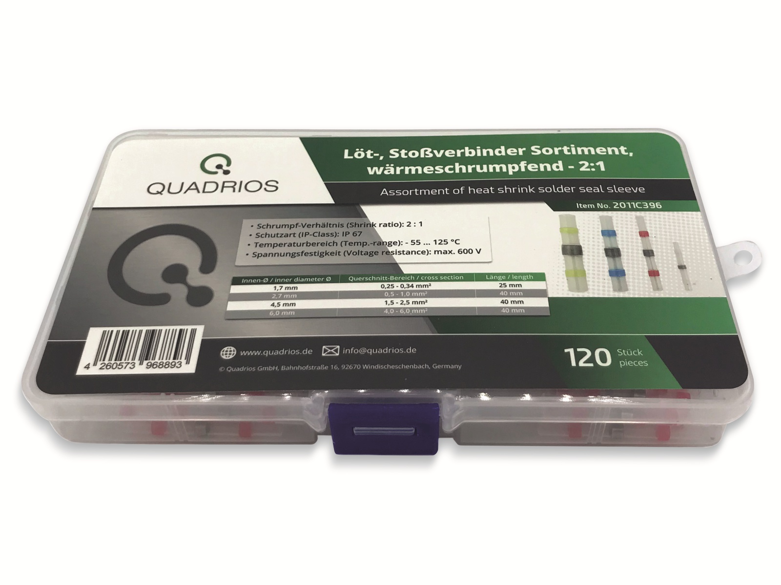 QUADRIOS, 2011C396, Löt-Stoßverbinder-Sortiment 120 Teile mit Lötzinn Transparent mit Innenkleber QUADRIOS, 2011C396, Löt-Stoßverbinder-Sortiment 120 Teile mit Lötzinn Transparent mit Innenkleber