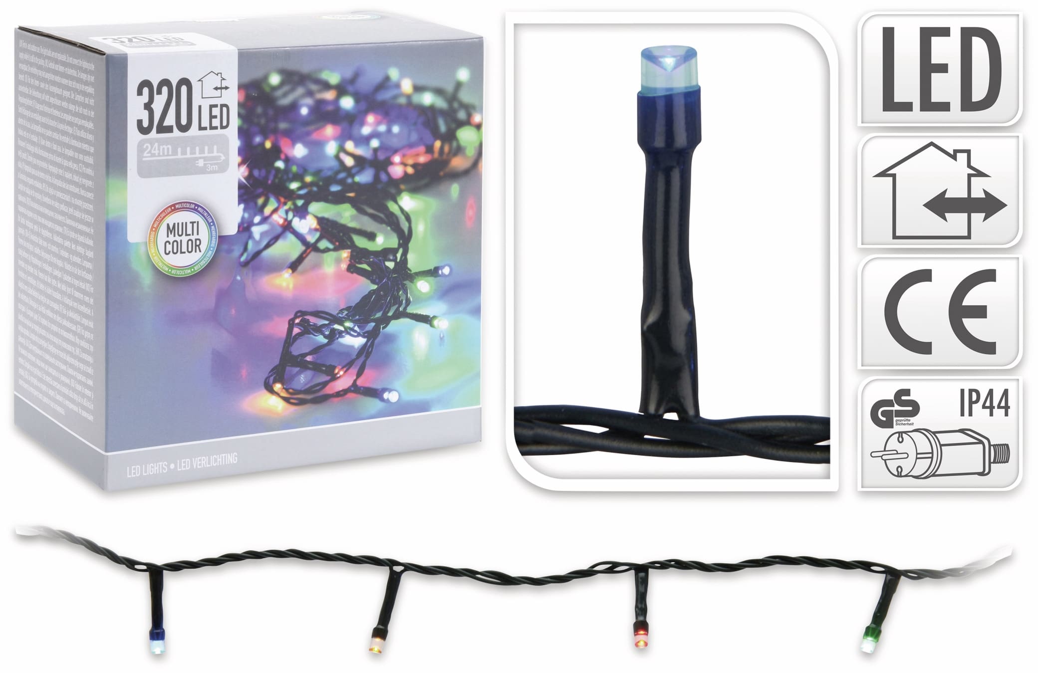 LED-Lichterkette, 320 LEDs, bunt, 230 V~, grün, Innen/Außen, 27 m LED-Lichterkette, 320 LEDs, bunt, 230 V~, grün, Innen/Außen, 27 m