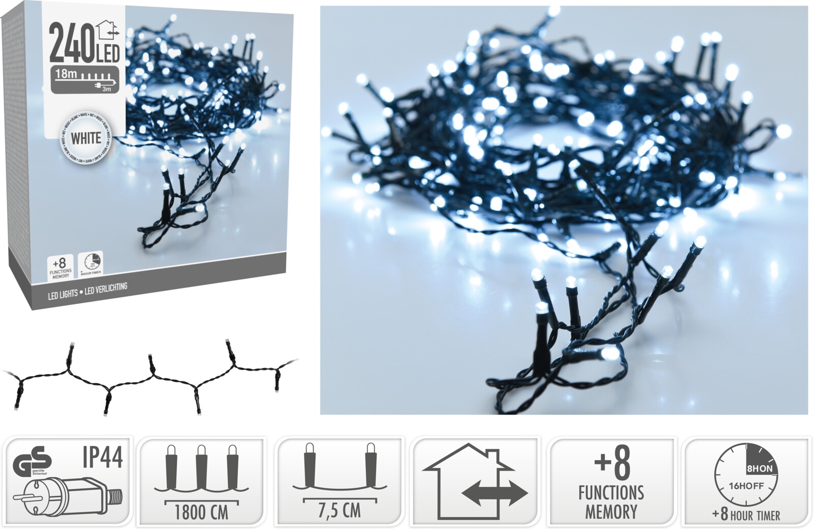 KOOPMAN LED-Lichterkette kaltweiß, 240 LEDs, Grünes Kabel, Innen/Außen, 21m