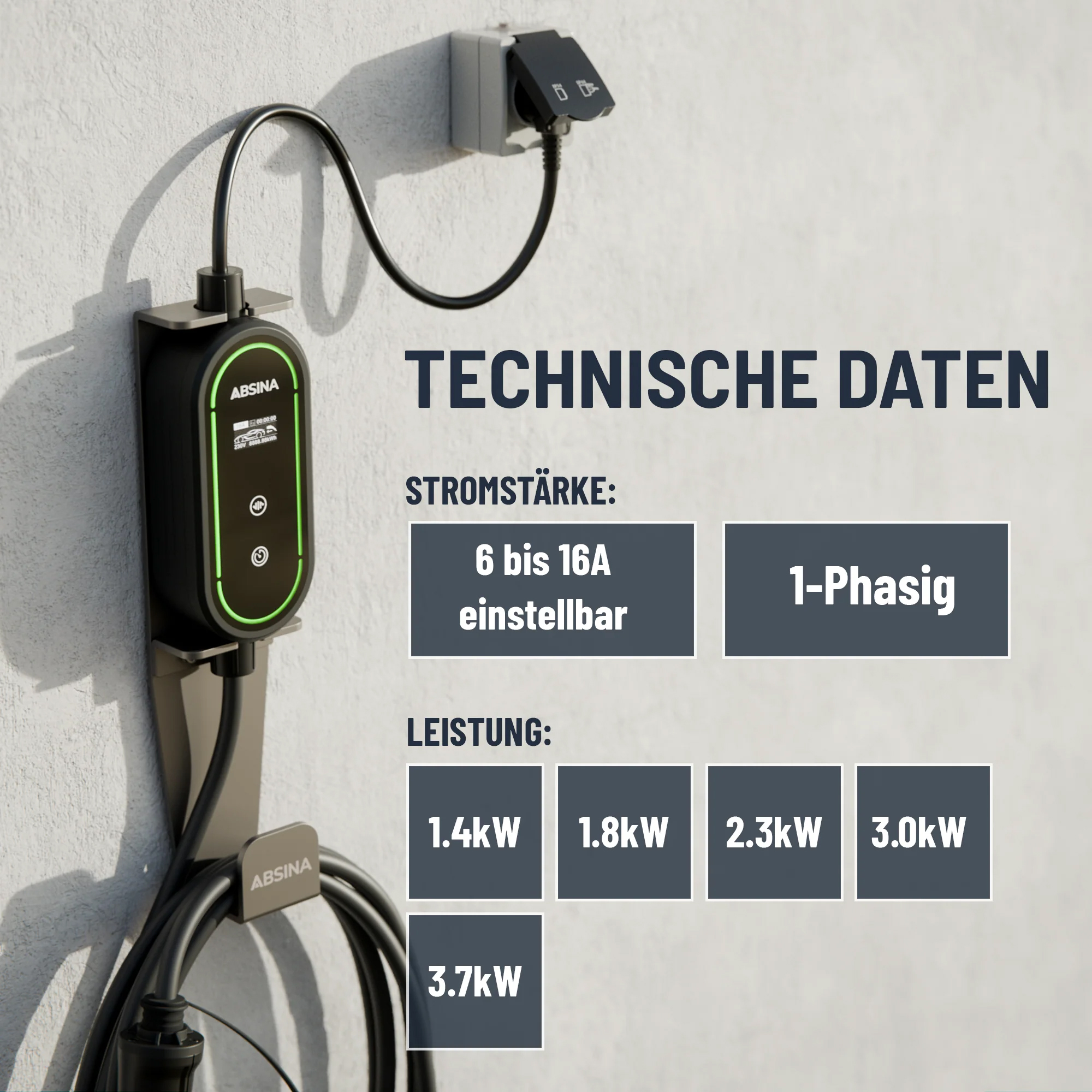 ABSINA EV Ladekabel für Elektroautos, Mode 2, 16 A, 3,7 kW