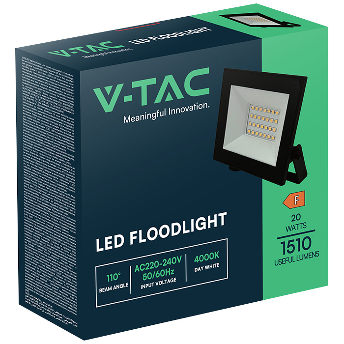 V-TAC LED-Fluter, VT-44022, 20 W, 6500K, EEK: F, 1510 lm, kaltweiß, IP65, schwarz