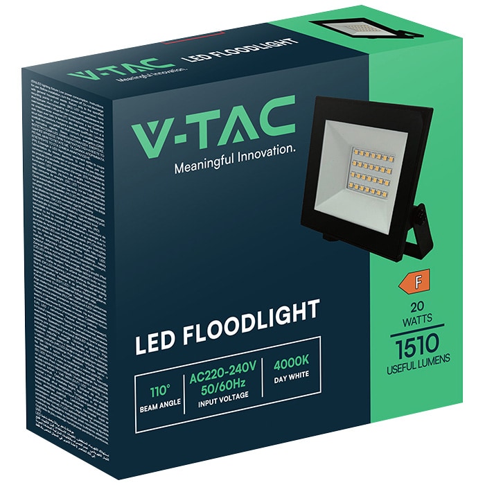 V-TAC LED-Fluter, VT-44022, 20 W, 6500K, EEK: F, 1510 lm, kaltweiß, IP65, schwarz