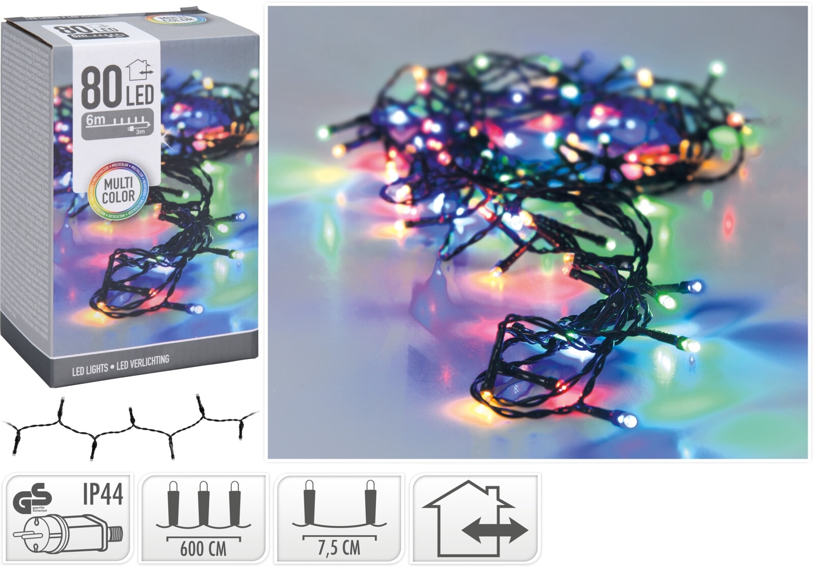 LED-Lichterkette, 80 LEDs, bunt, 230 V~, grün, Innen/Außen, 9 m LED-Lichterkette, 80 LEDs, bunt, 230V~, IP44, Innen/Außen