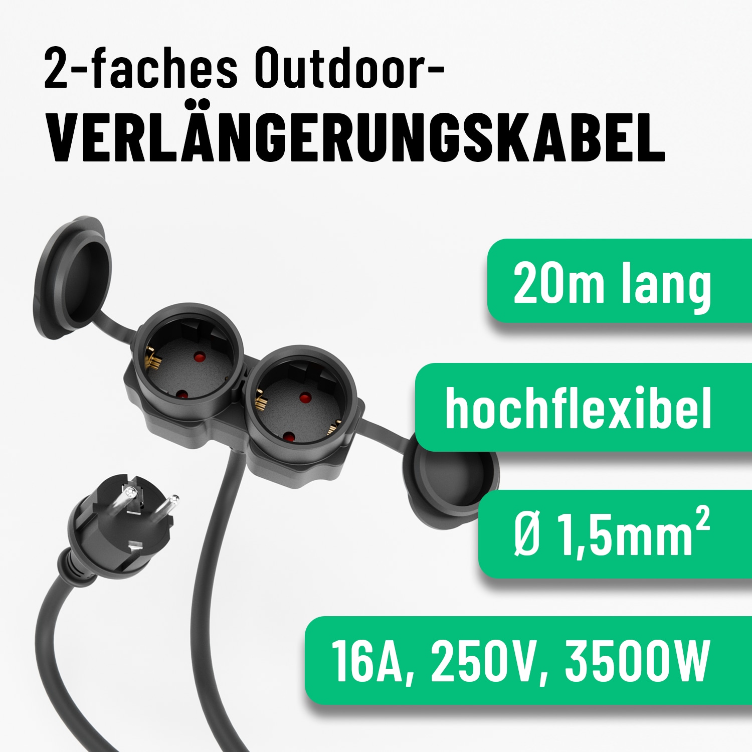 ABSINA Verlängerungskabel 151232, 2-Fach, 20 m