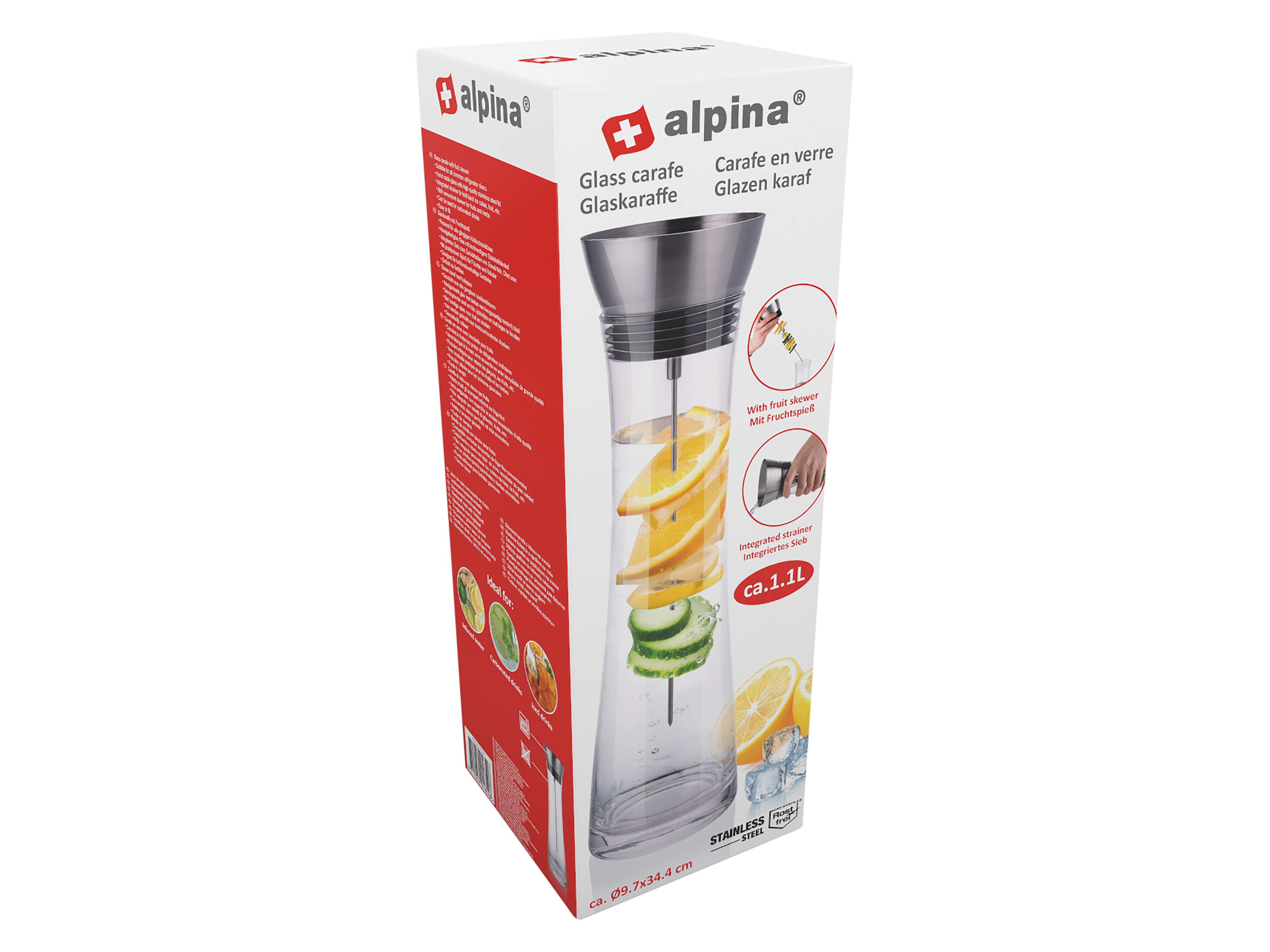 ALPINA Karaffe aus Glas, mit Spieß, 1.1L, Glas & Edelstahl, elegantes Design ALPINA Karaffe aus Glas, mit Spieß, 1.1L, Glas & Edelstahl, elegantes Design